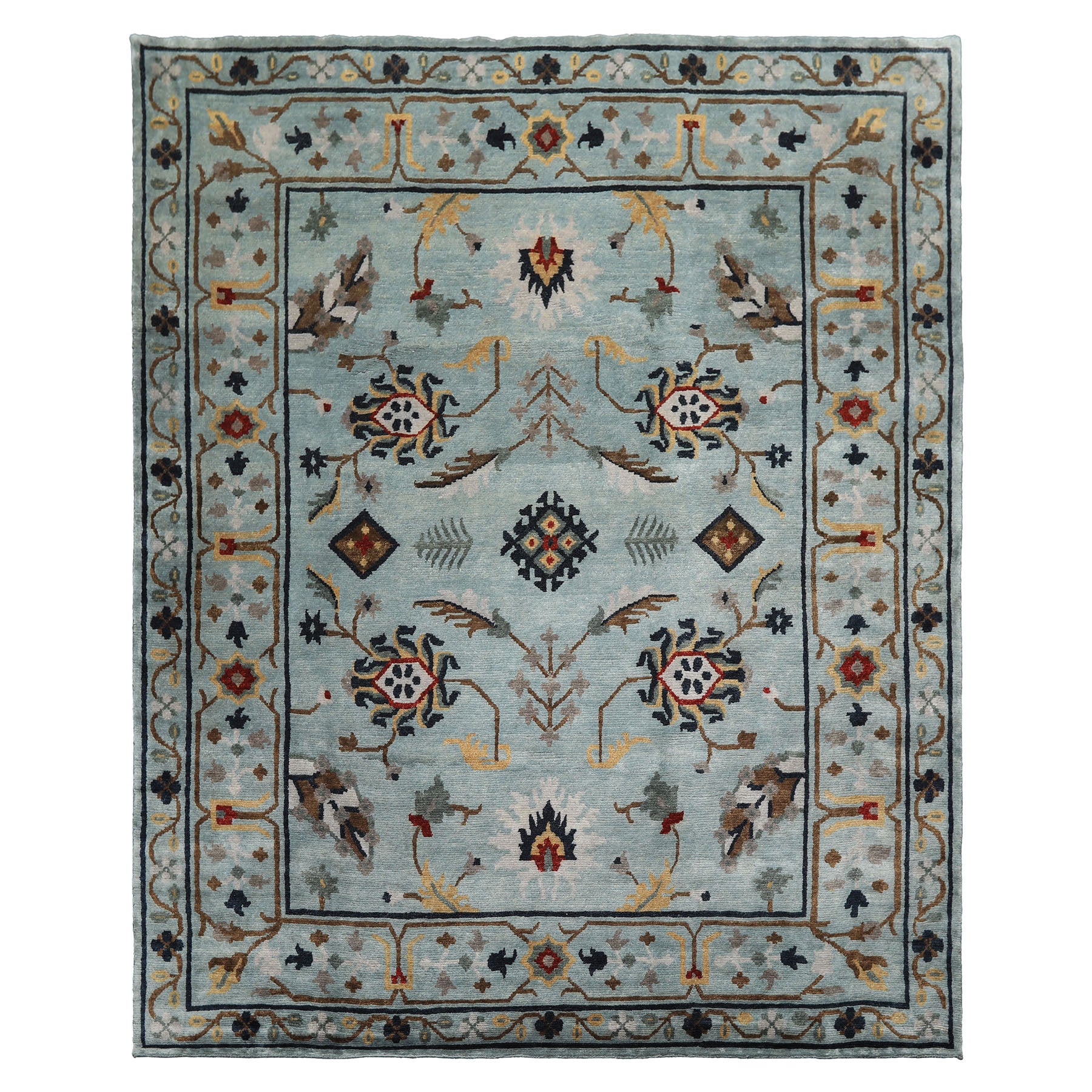 8x10 Aqua, Brown, Gold Color Hand Knotted Tibetan Wool Arts & Crafts Oriental Rug