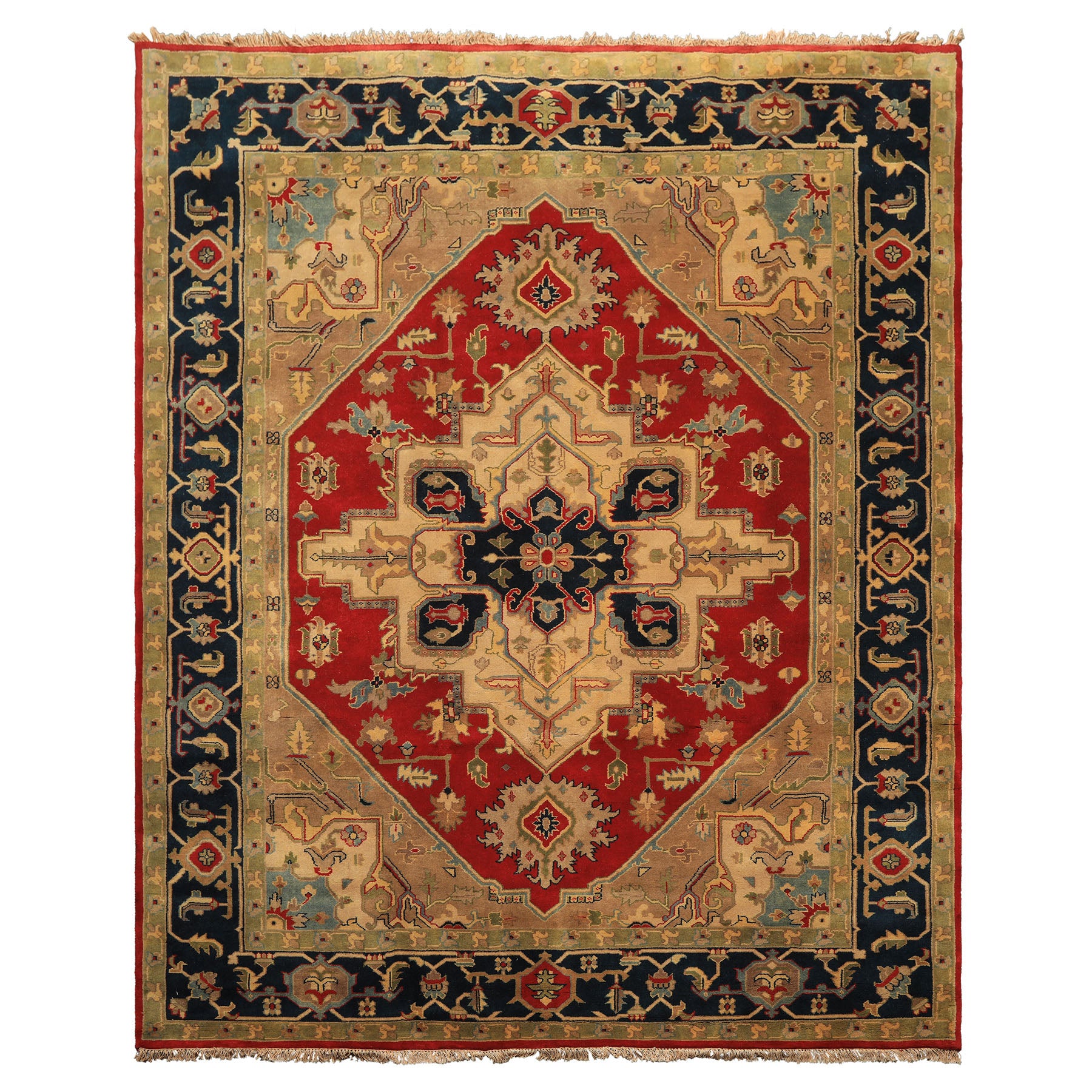 8x10 Red, Teal, Sage Color Hand Knotted Indo Heriz Wool Traditional Oriental Rug