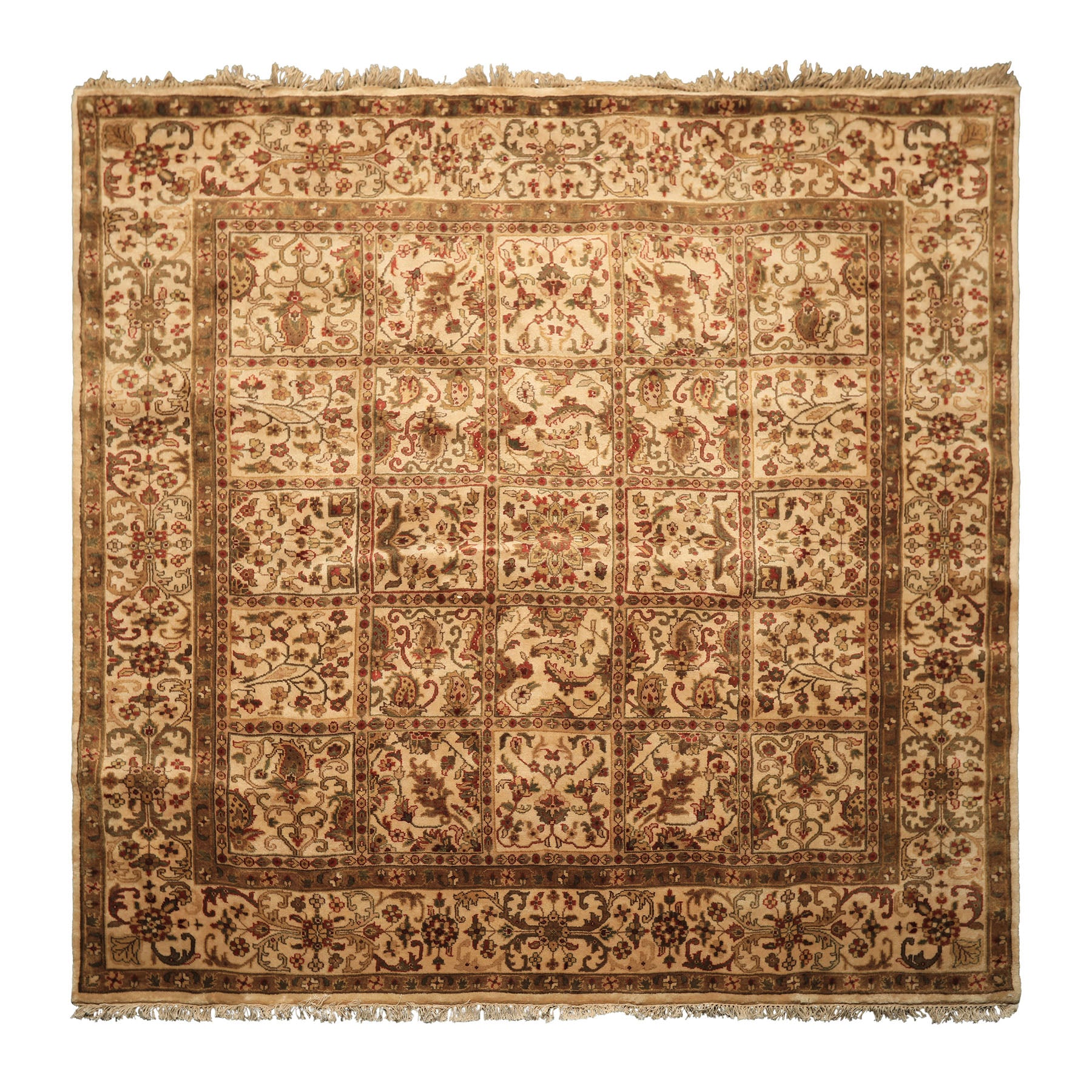 Square Ivory, Sage, Rust Color Hand Knotted Agra Wool Traditional Oriental Rug