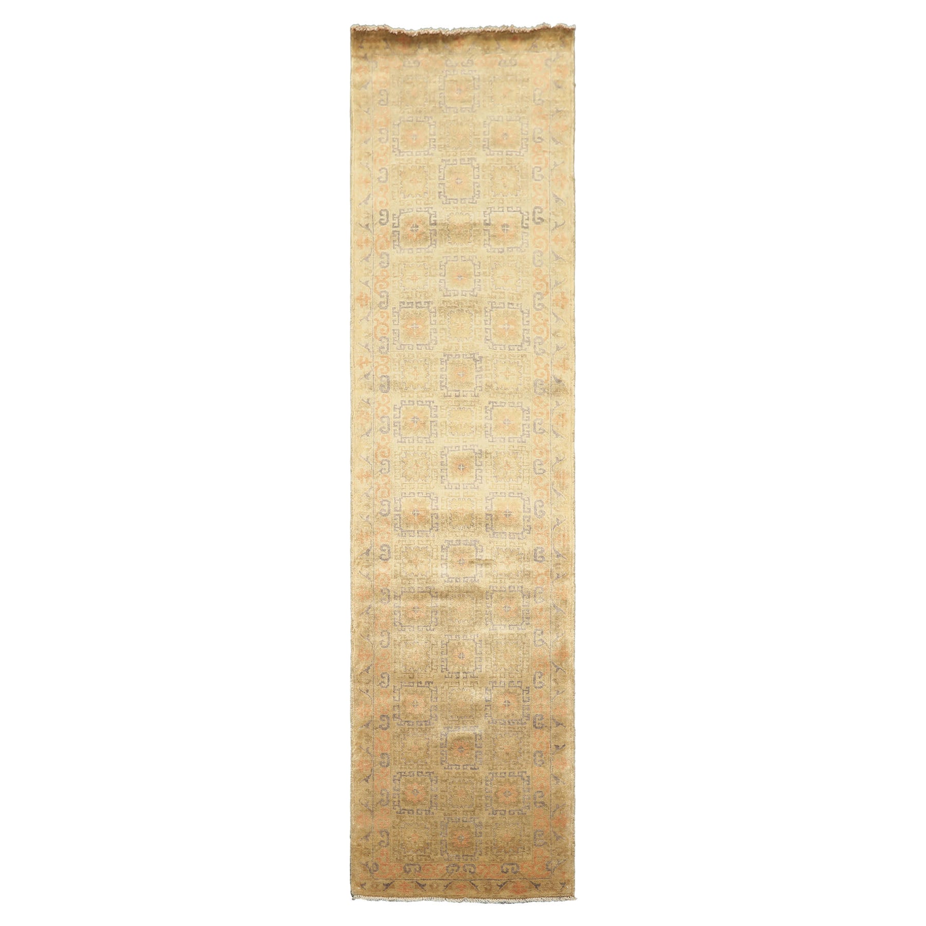 Runner Mint, Beige, Gray Color Hand Knotted Oushak Wool Transitional Oriental Rug