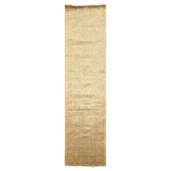 Runner Mint, Beige, Gray Color Hand Knotted Oushak Wool Transitional Oriental Rug