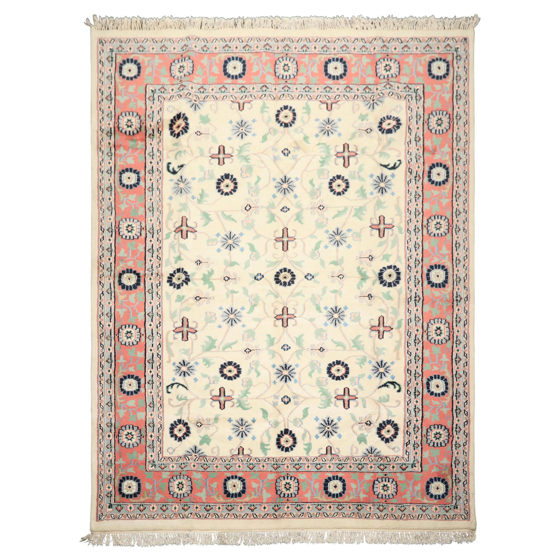 9x12 Ivory, Blush, Aqua Color Hand Knotted Organic Look Wool Traditional Oriental Rug