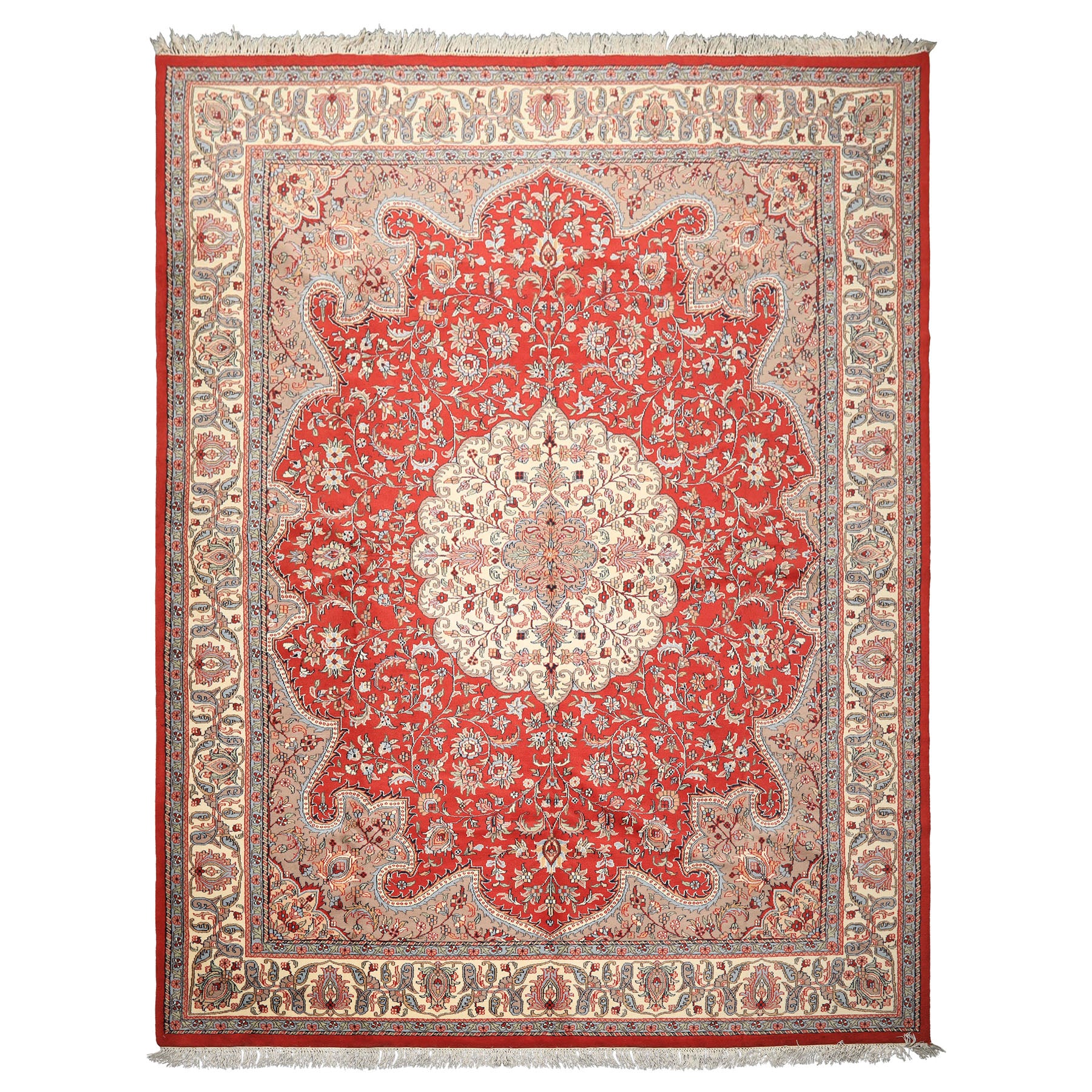 9x12 Orange, Ivory, Taupe Color Hand Knotted Indo Tabriz Wool Traditional Oriental Rug