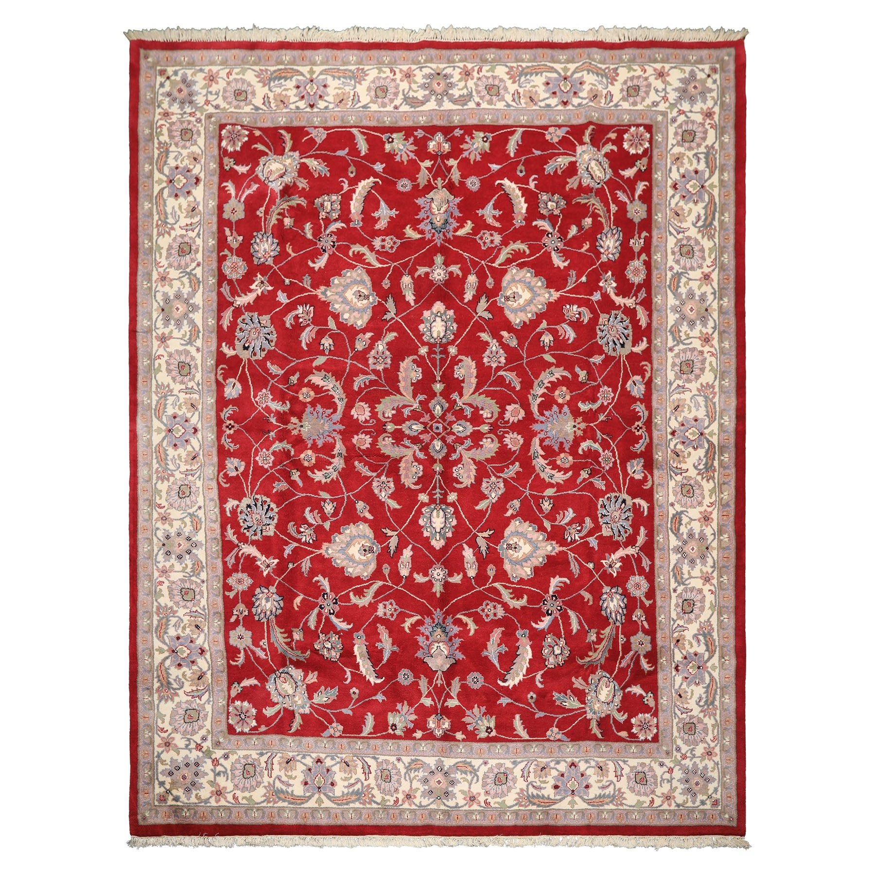 9x12 Fuschia, Ivory, Taupe Color Hand Knotted Indo Kashan Wool Traditional Oriental Rug