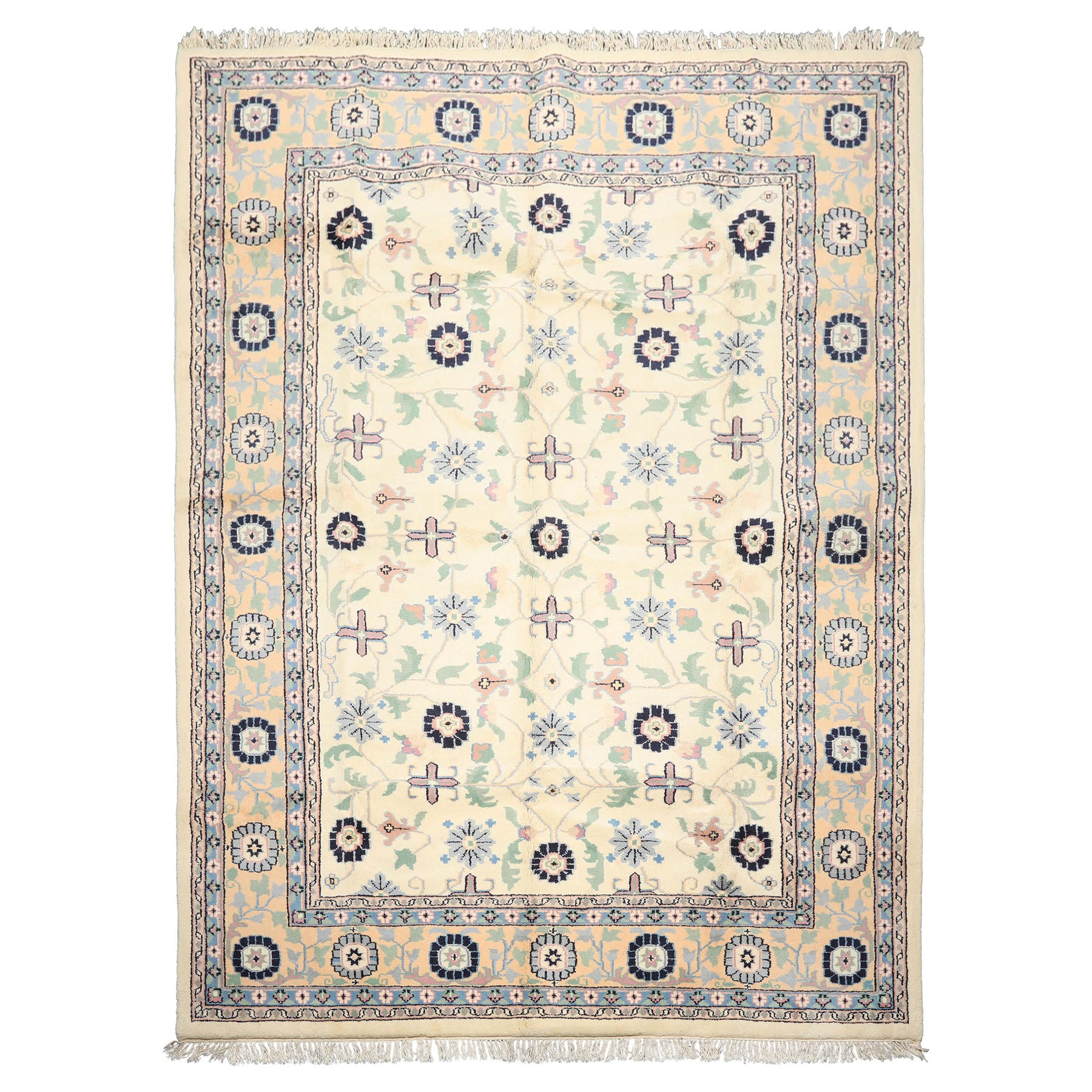 8x11 Ivory, Peach, Blue Color Hand Knotted Indo Kashan Wool Traditional Oriental Rug