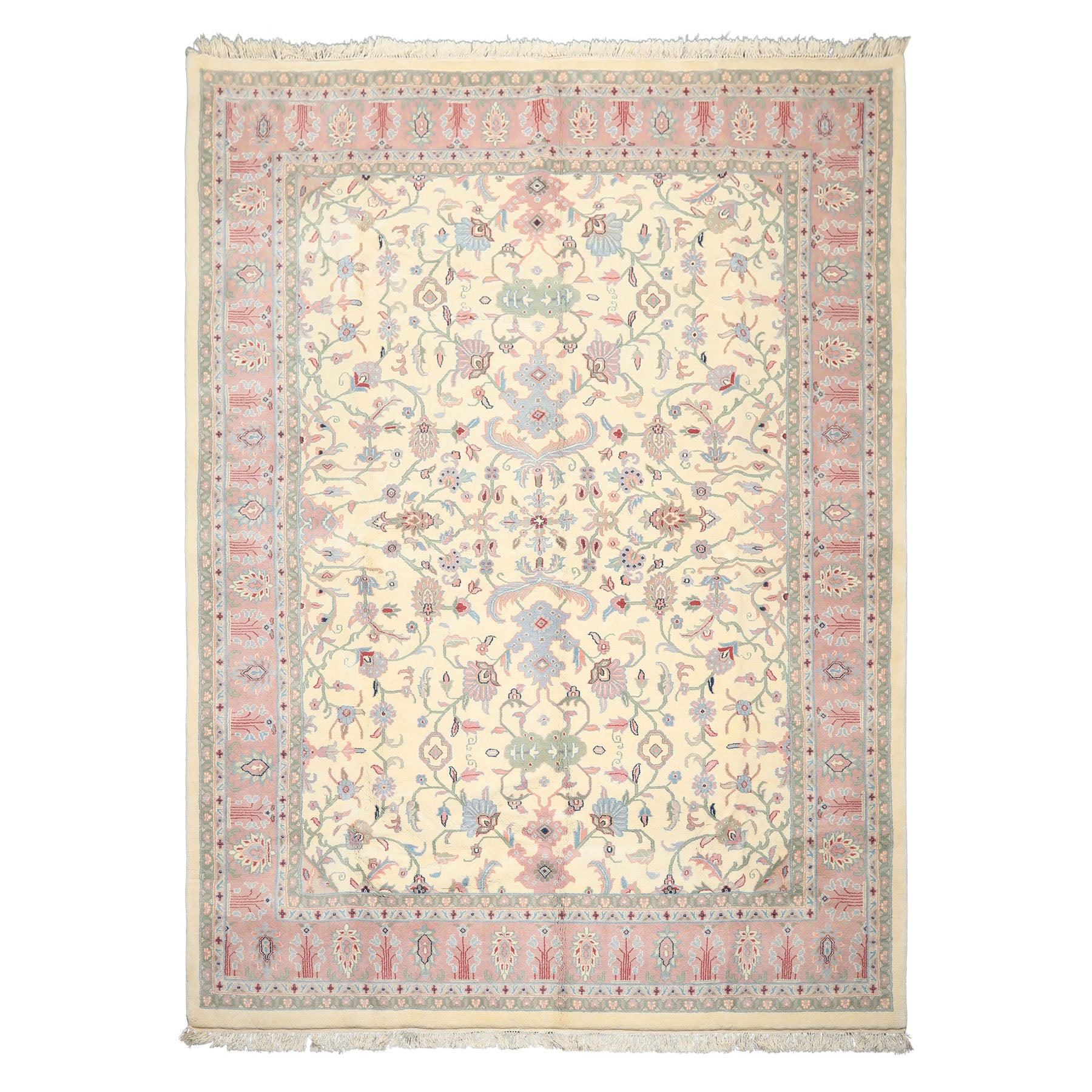 9x12 Ivory, Blush, Sage Color Hand Knotted Indo Kashan Wool Traditional Oriental Rug