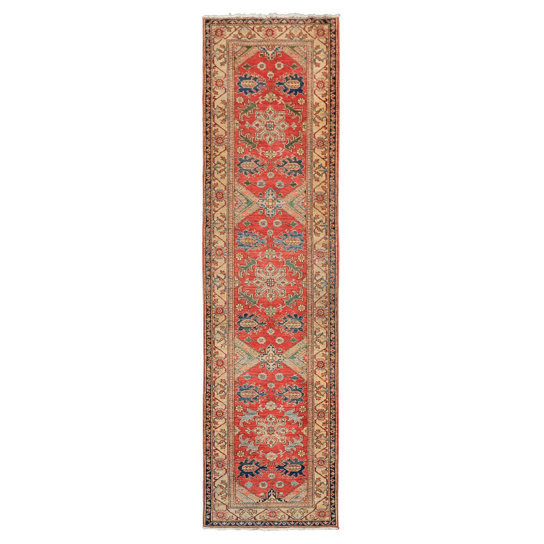 Runner Coral, Moss, Navy Color Hand Knotted Kazak Wool Traditional Oriental Rug