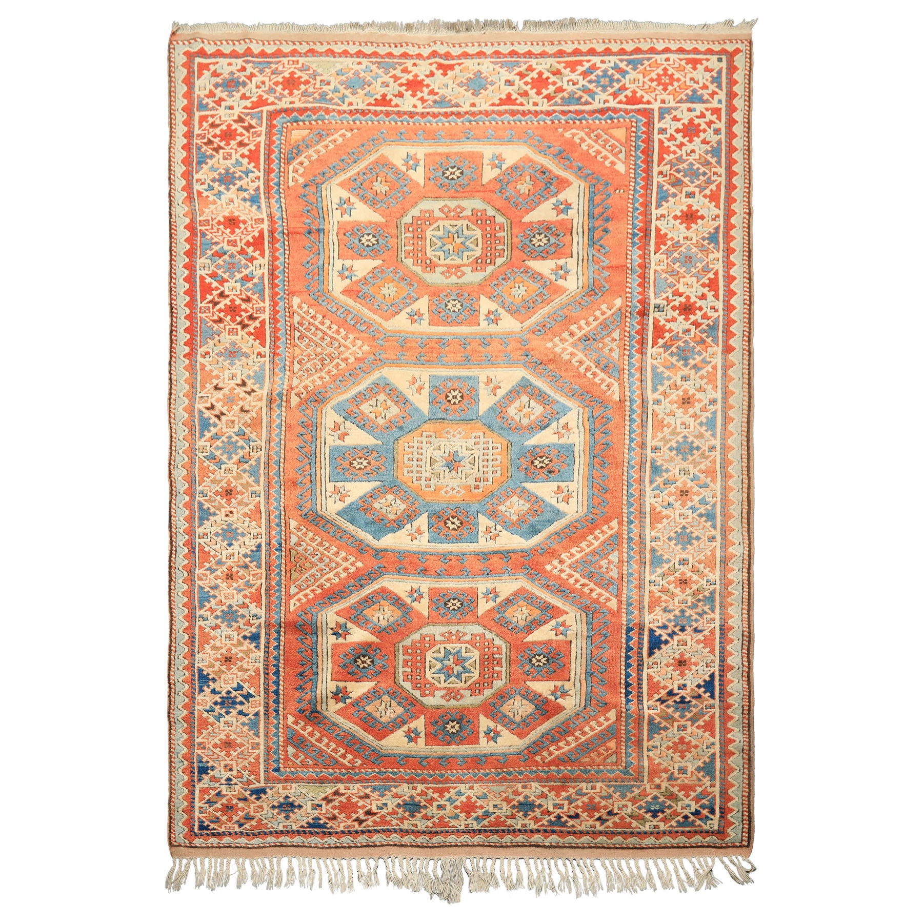 6x9 Burnt Orange, Ivory, Blue Color Hand Knotted Caucasian Kazak Wool Traditional Oriental Rug