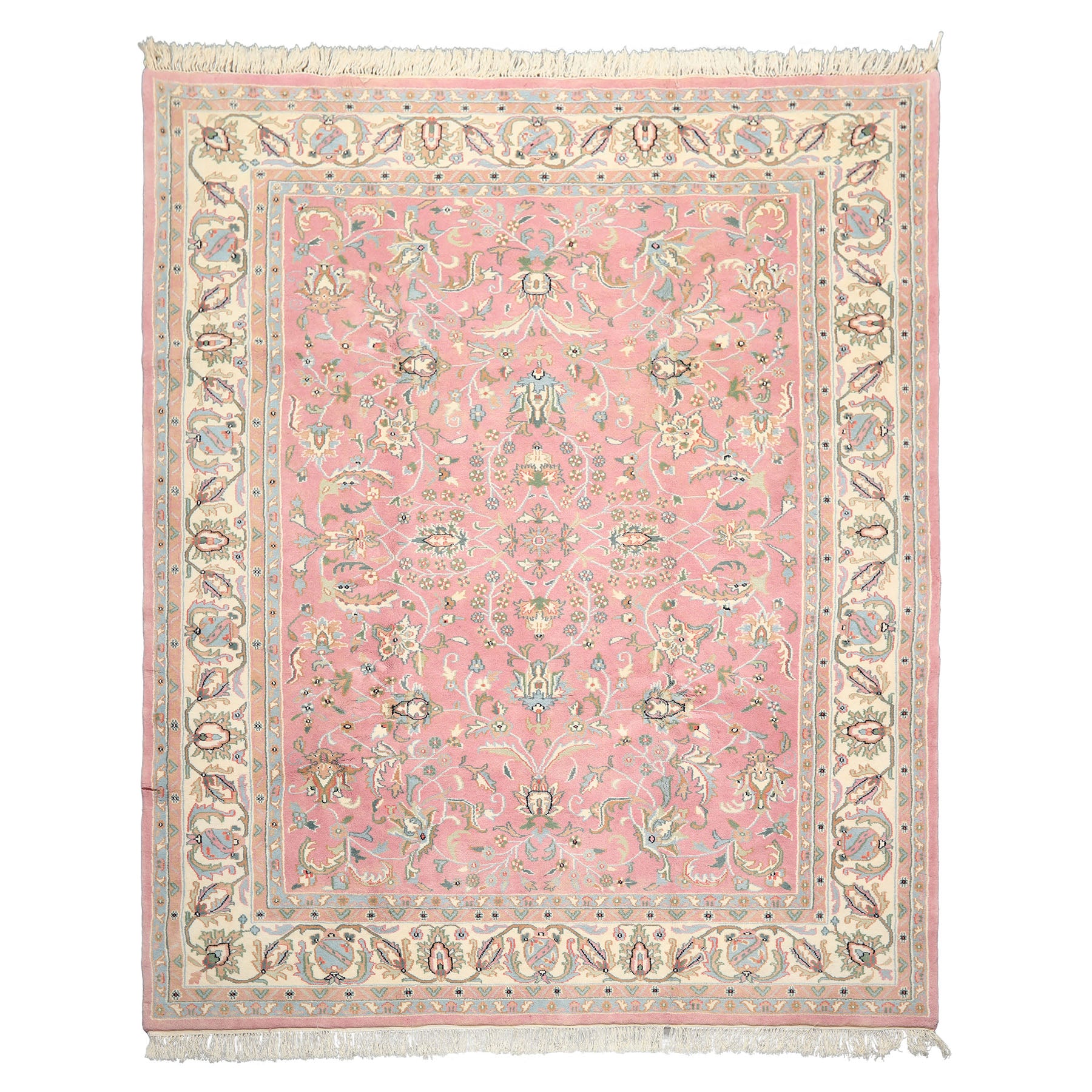 8x10 Dusty Rose, Ivory, Aqua Color Hand Knotted Indo Kashan Wool Traditional Oriental Rug
