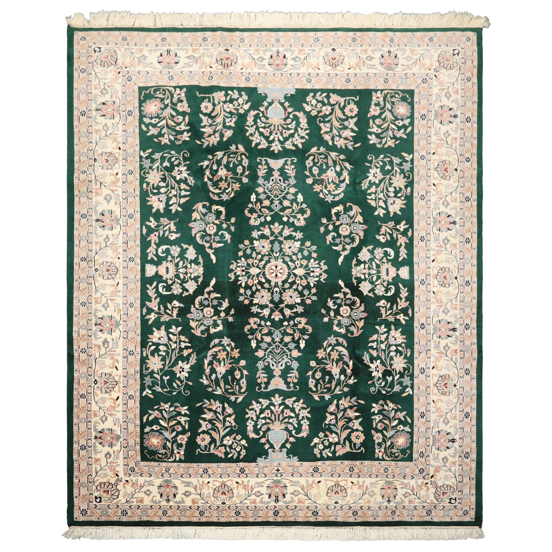 8x10 Emerald, Ivory, Blush Color Hand Knotted Indo Kashan Wool Traditional Oriental Rug