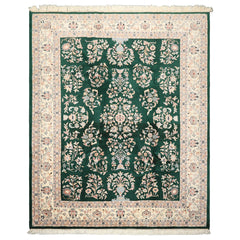 8x10 Emerald, Ivory, Blush Color Hand Knotted Indo Kashan Wool Traditional Oriental Rug