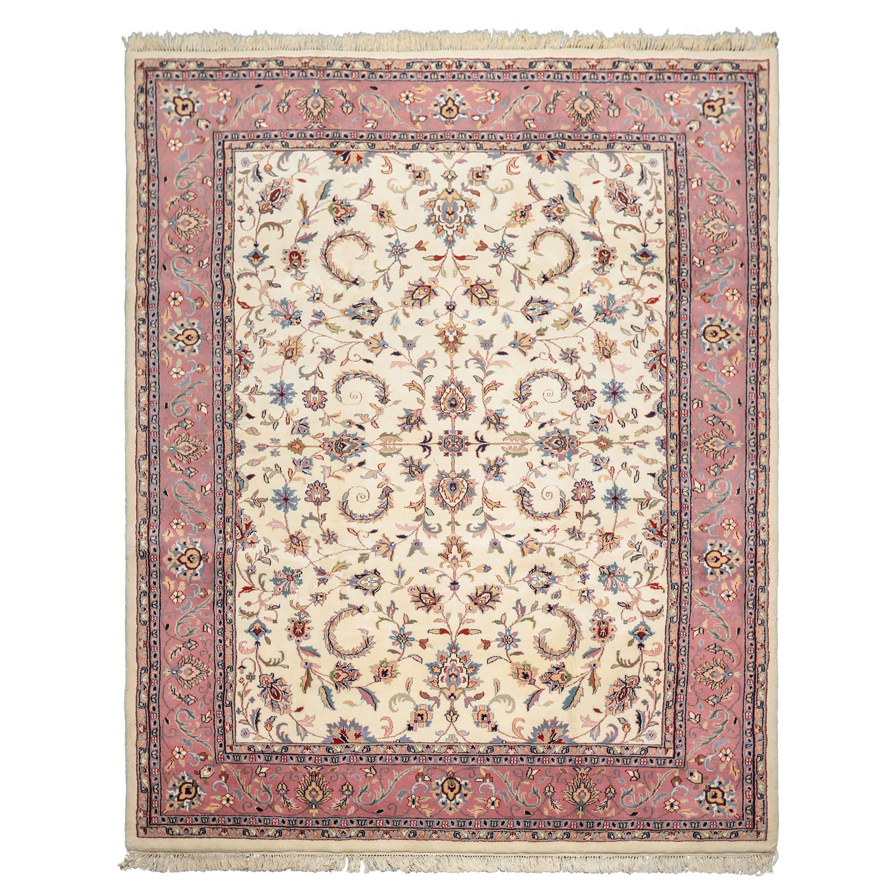 8x10 Ivory, Dusty Rose, Sage Color Hand Knotted Indo Kashan Wool Traditional Oriental Rug
