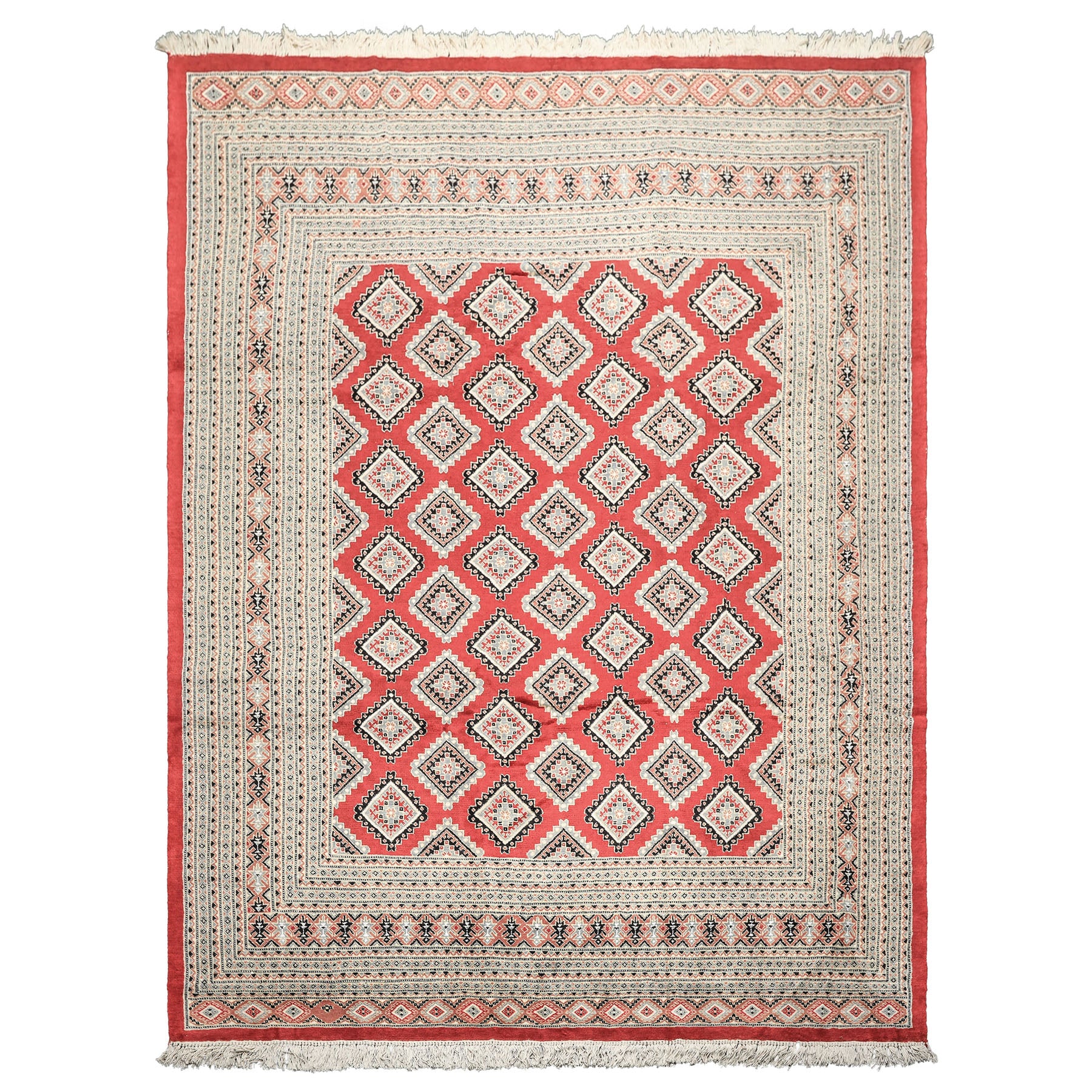 8x11 Coral, Ivory, Charcoal Color Hand Knotted Bokhara Wool Traditional Oriental Rug