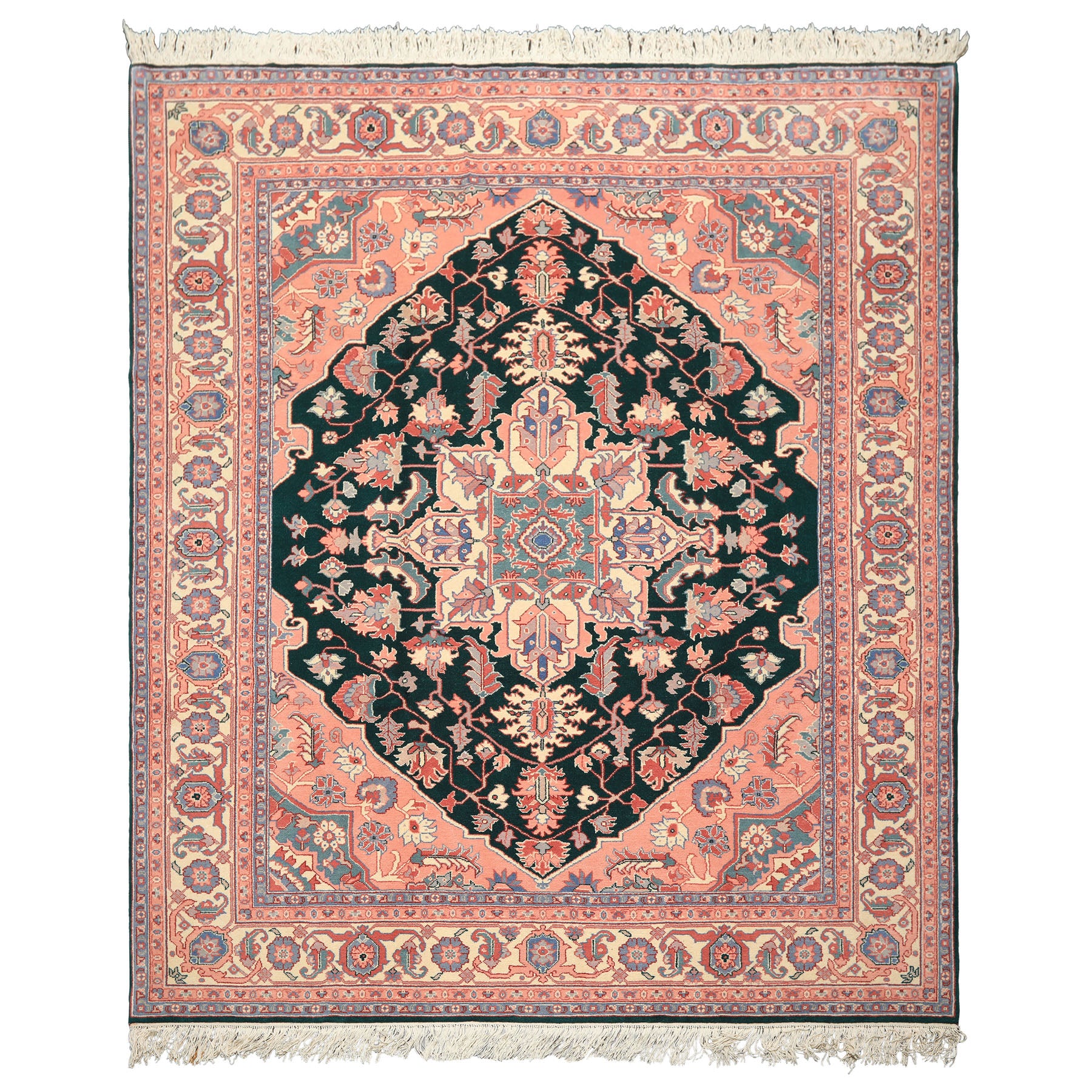 8x10 Emerald, Blush, Ivory Color Hand Knotted Indo Heriz Wool Traditional Oriental Rug