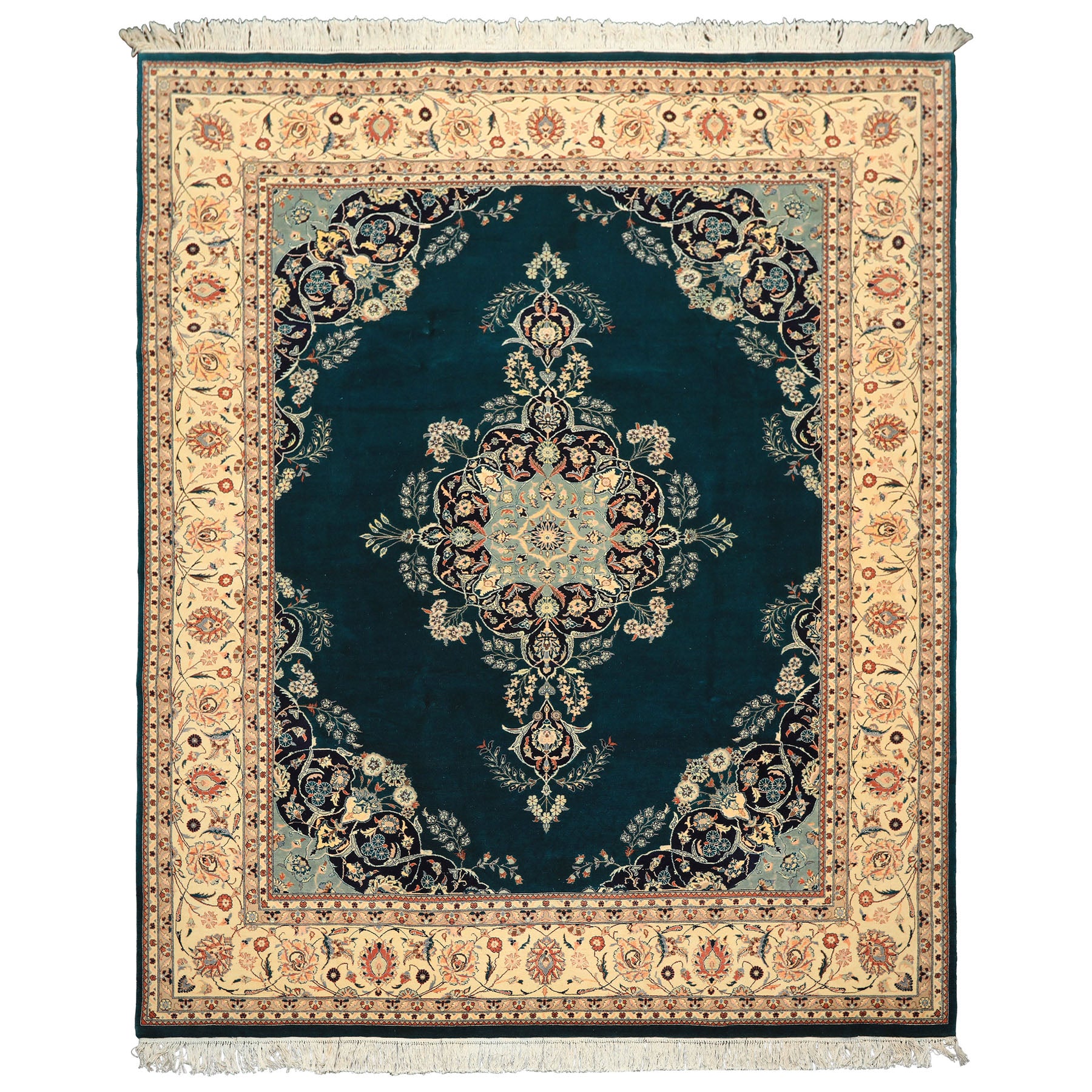 8x10 Teal, Ivory, Navy Color Hand Knotted Pak Persian New Zealand Wool Traditional Oriental Rug