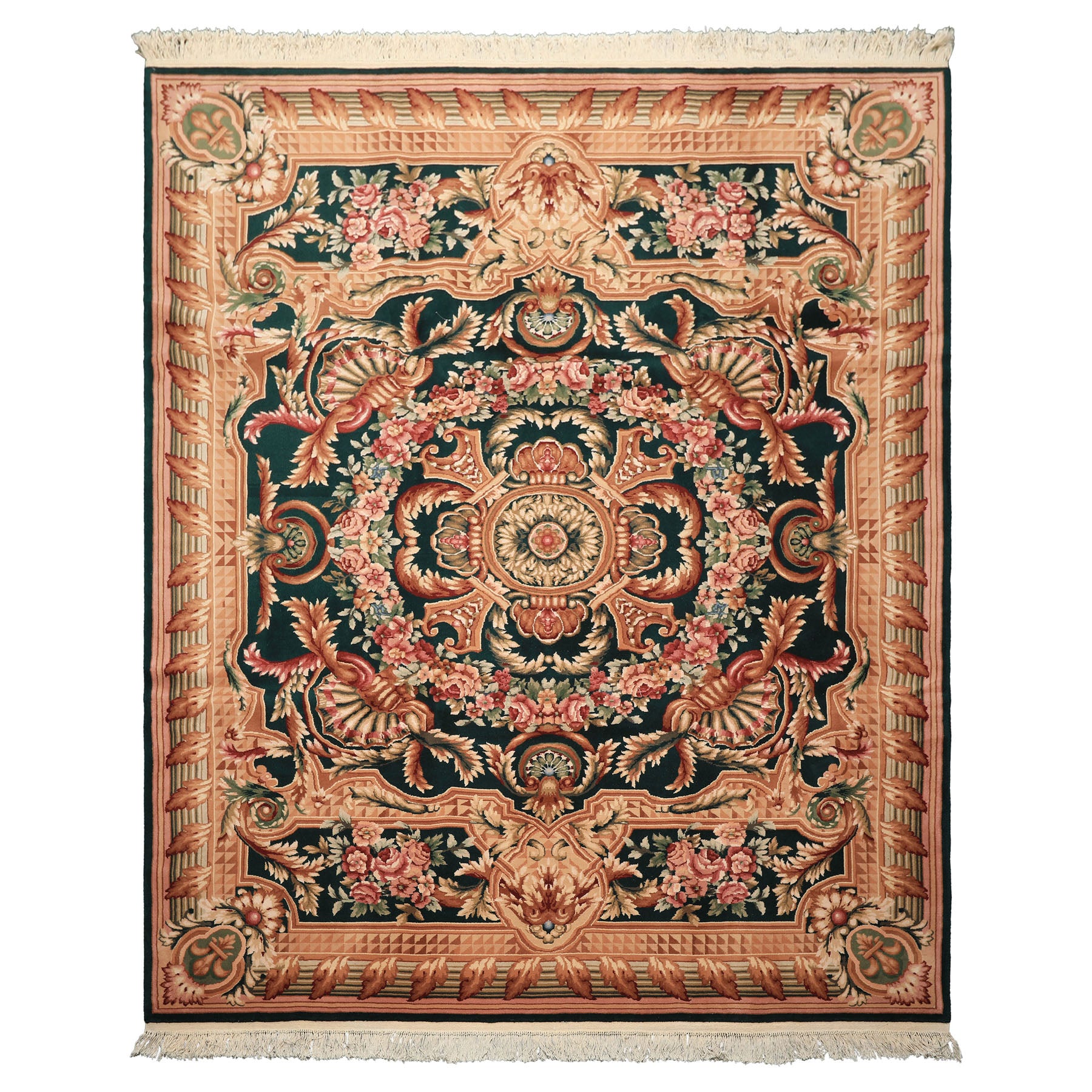 8x10 Emerald, Tan, Brown Color Hand Knotted French Aubusson Savonerrie Wool Traditional Oriental Rug