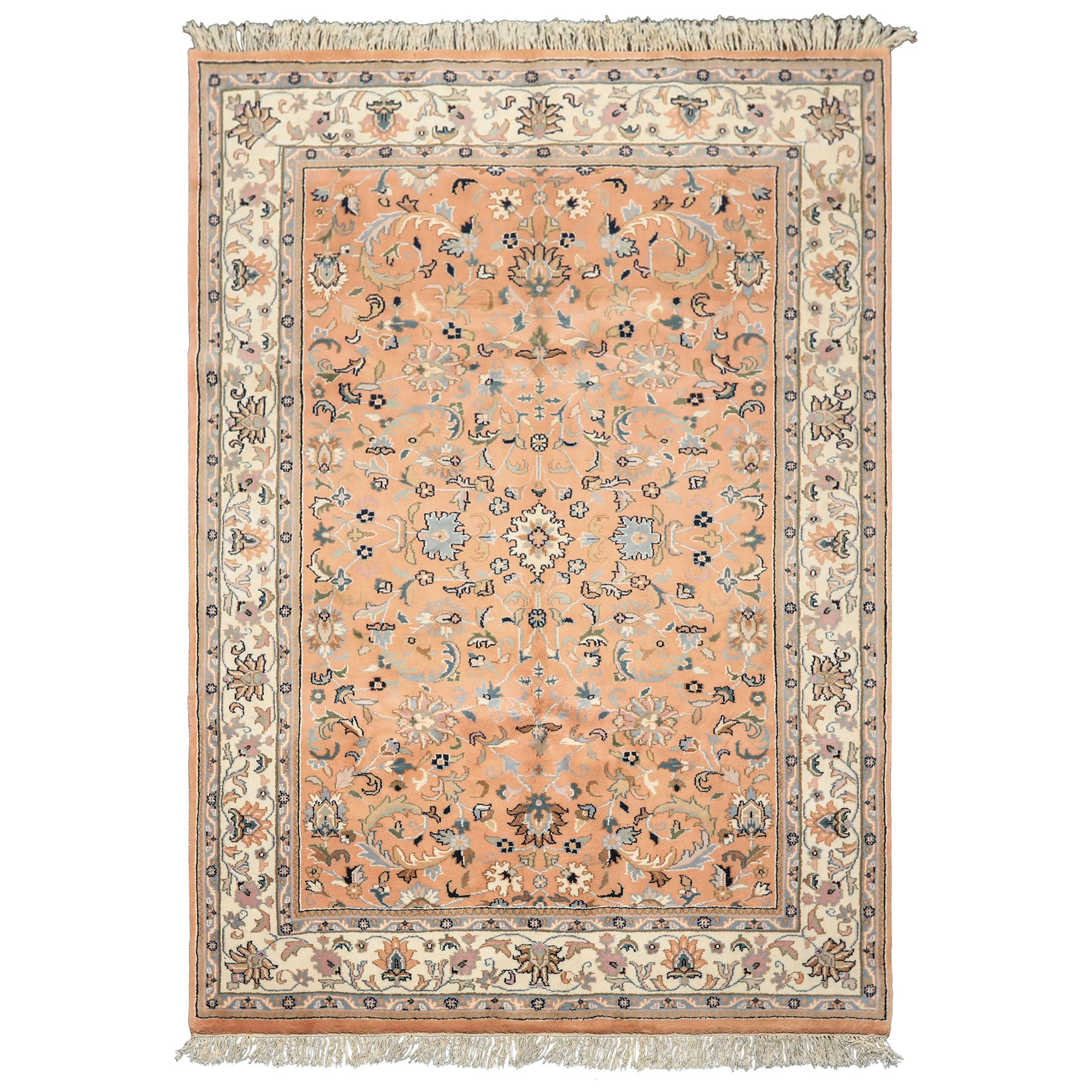 6x9 Peach, Ivory, Blue Color Hand Knotted Indo Kashan Wool Traditional Oriental Rug