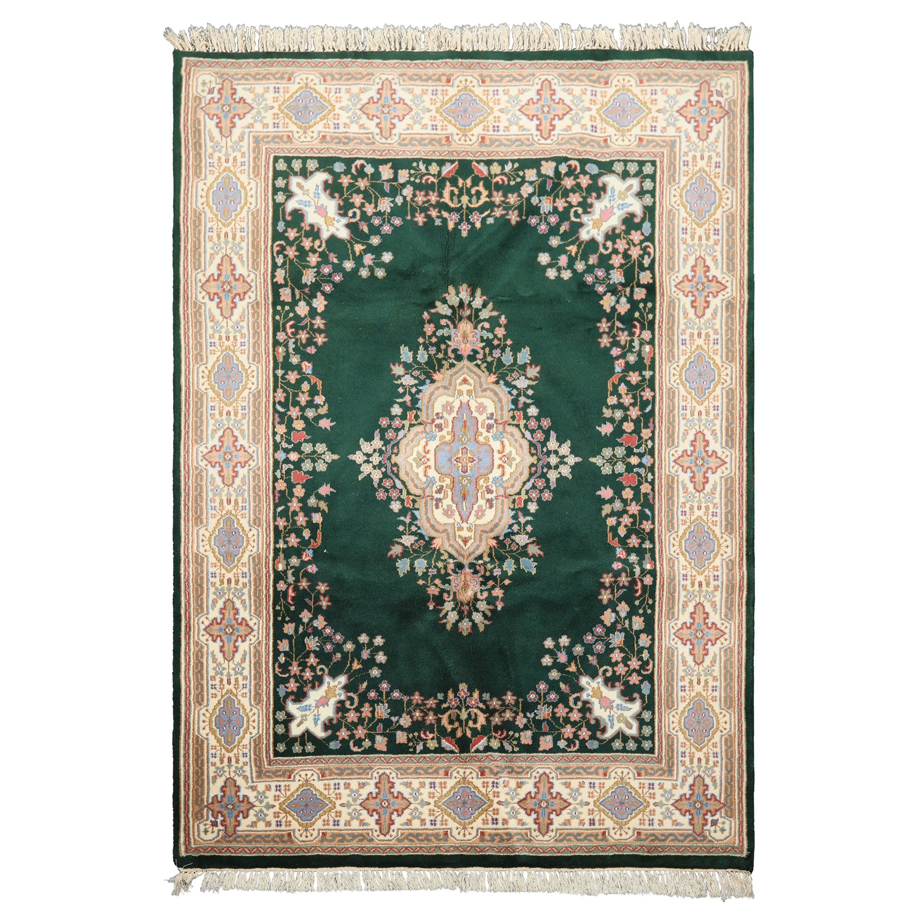 6x9 Green, Ivory, Rose Color Hand Knotted Indo Kerman Wool Traditional Oriental Rug