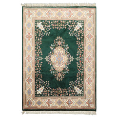 6x9 Green, Ivory, Rose Color Hand Knotted Indo Kerman Wool Traditional Oriental Rug