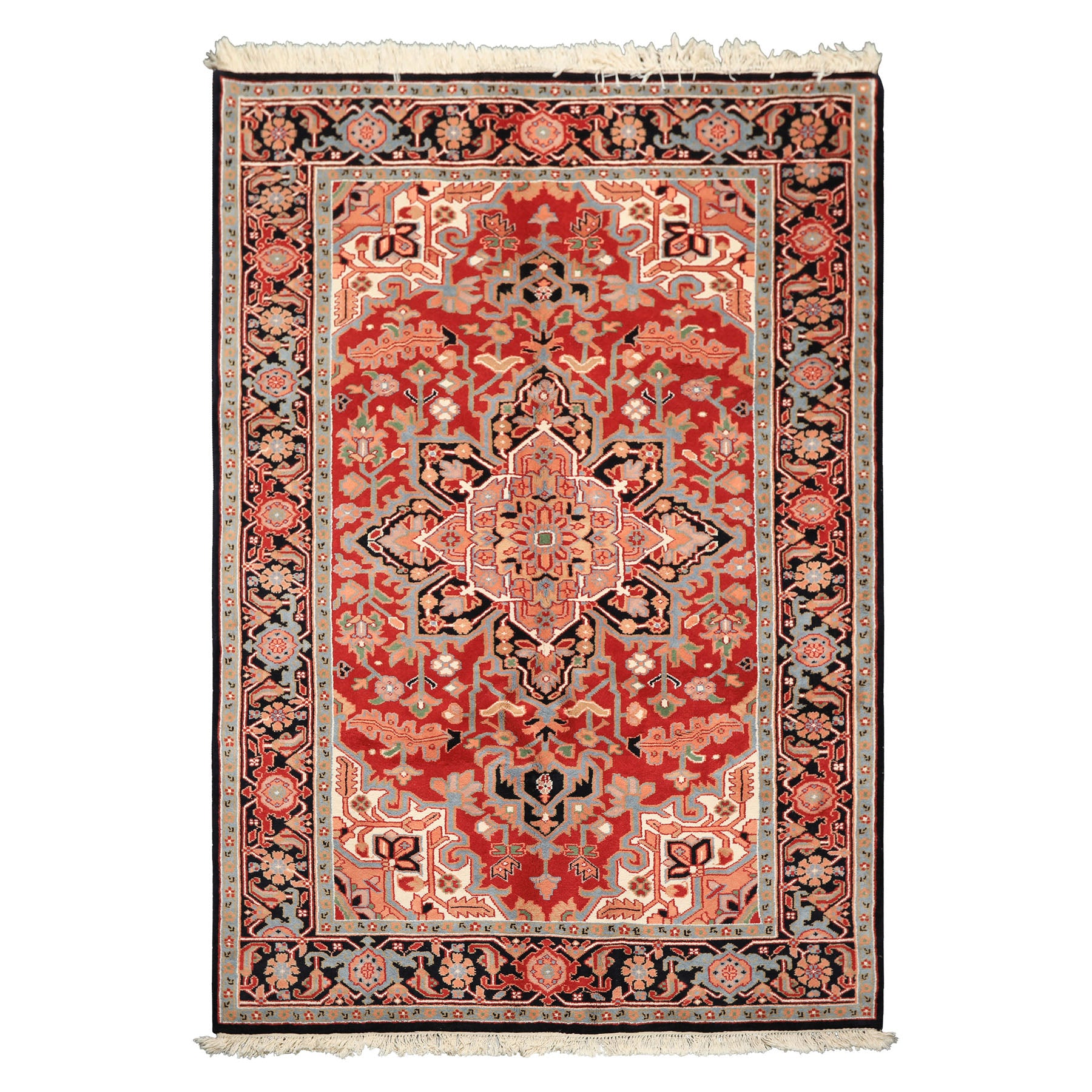 6x9 Red, Aqua, Blush Color Hand Knotted Indo Heriz Wool Traditional Oriental Rug
