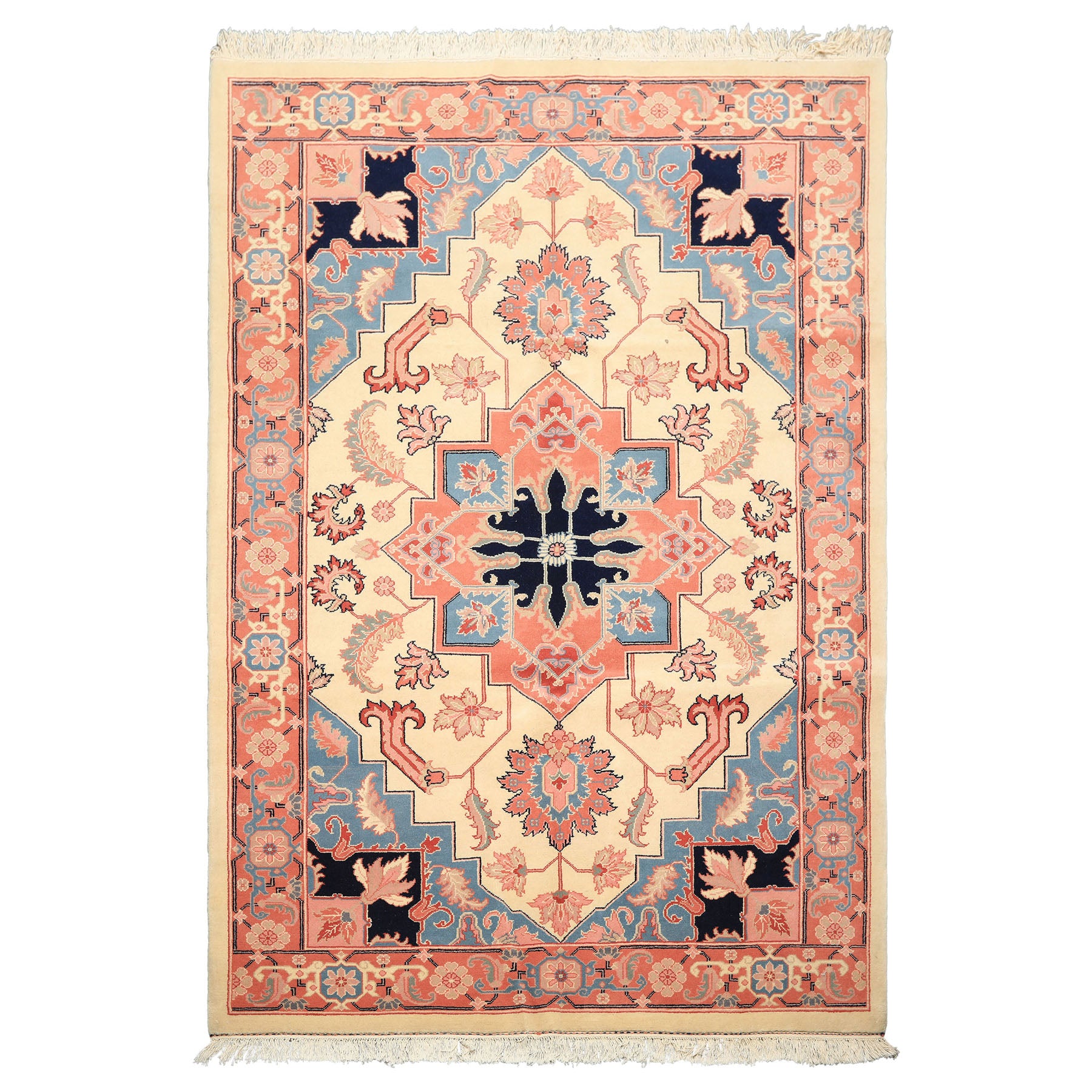 6x9 Ivory, Rose, Navy Color Hand Knotted Romanian Serapi Wool Traditional Oriental Rug