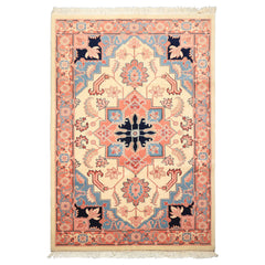 6x9 Ivory, Rose, Navy Color Hand Knotted Romanian Serapi Wool Traditional Oriental Rug