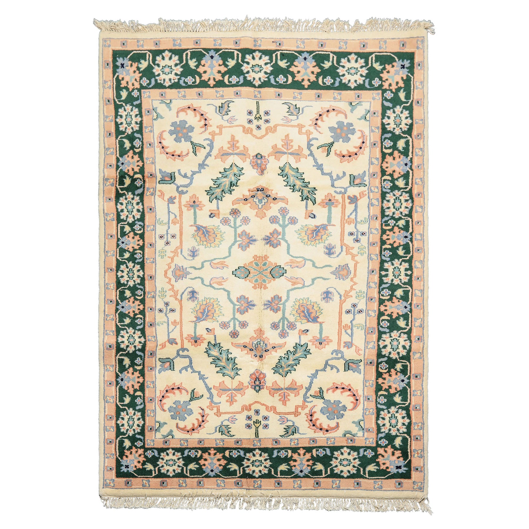 6x9 Ivory, Green, Peach Color Hand Knotted Indo Heriz Wool Traditional Oriental Rug
