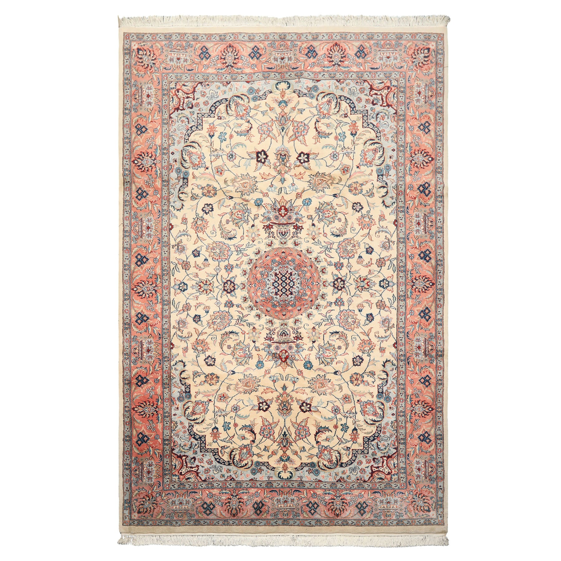 6x10 Ivory, Rose, Blue Color Hand Knotted Indo Tabriz New Zealand Wool Traditional Oriental Rug