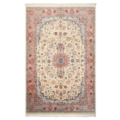 6x10 Ivory, Rose, Blue Color Hand Knotted Indo Tabriz New Zealand Wool Traditional Oriental Rug