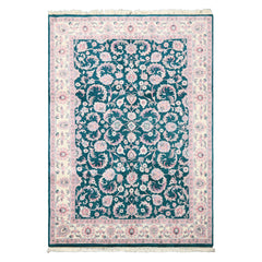 6x9 Emerald, Ivory, Pink Color Hand Knotted Indo Kashan Wool Traditional Oriental Rug