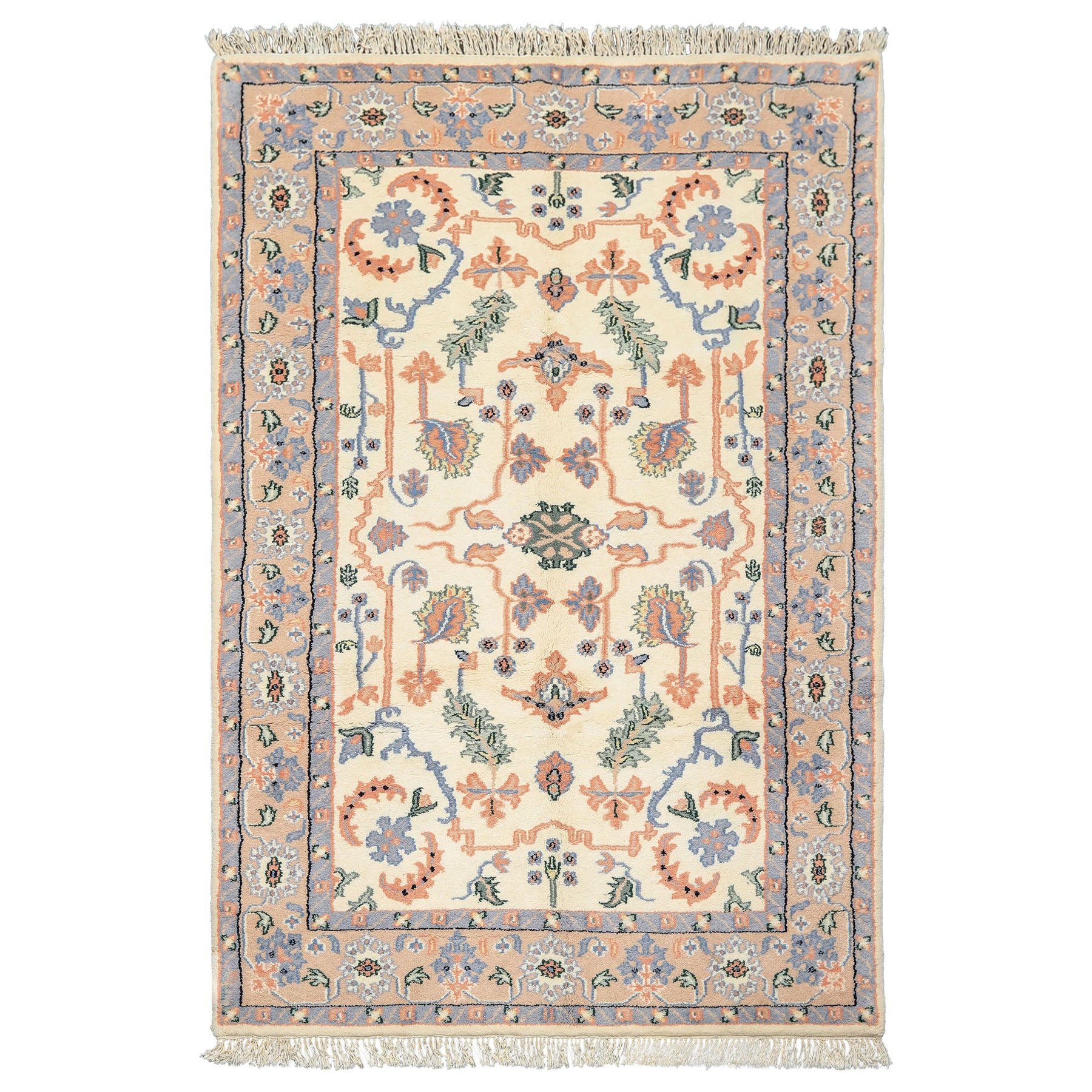 6x9 Ivory, Peach, Blue Color Hand Knotted Indo Persian Wool Traditional Oriental Rug