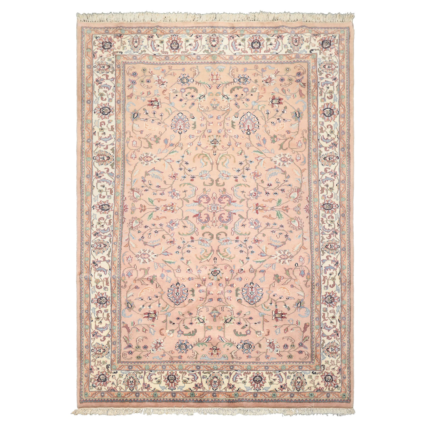 6x9 Baby Pink, Ivory, Aqua Color Hand Knotted Indo Kashan Wool Traditional Oriental Rug