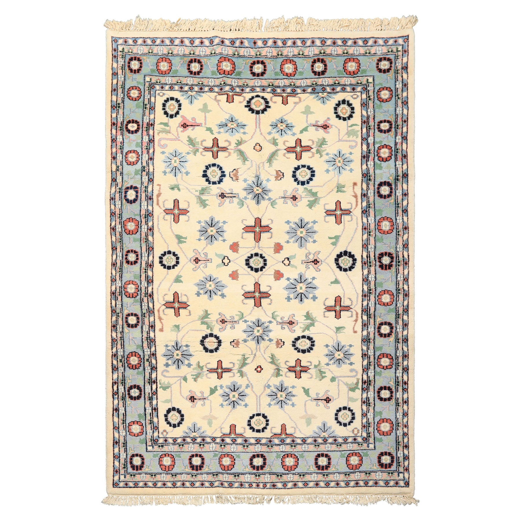 5x8 Ivory, Blue, Black Color Hand Knotted Indo Kashan Wool Traditional Oriental Rug