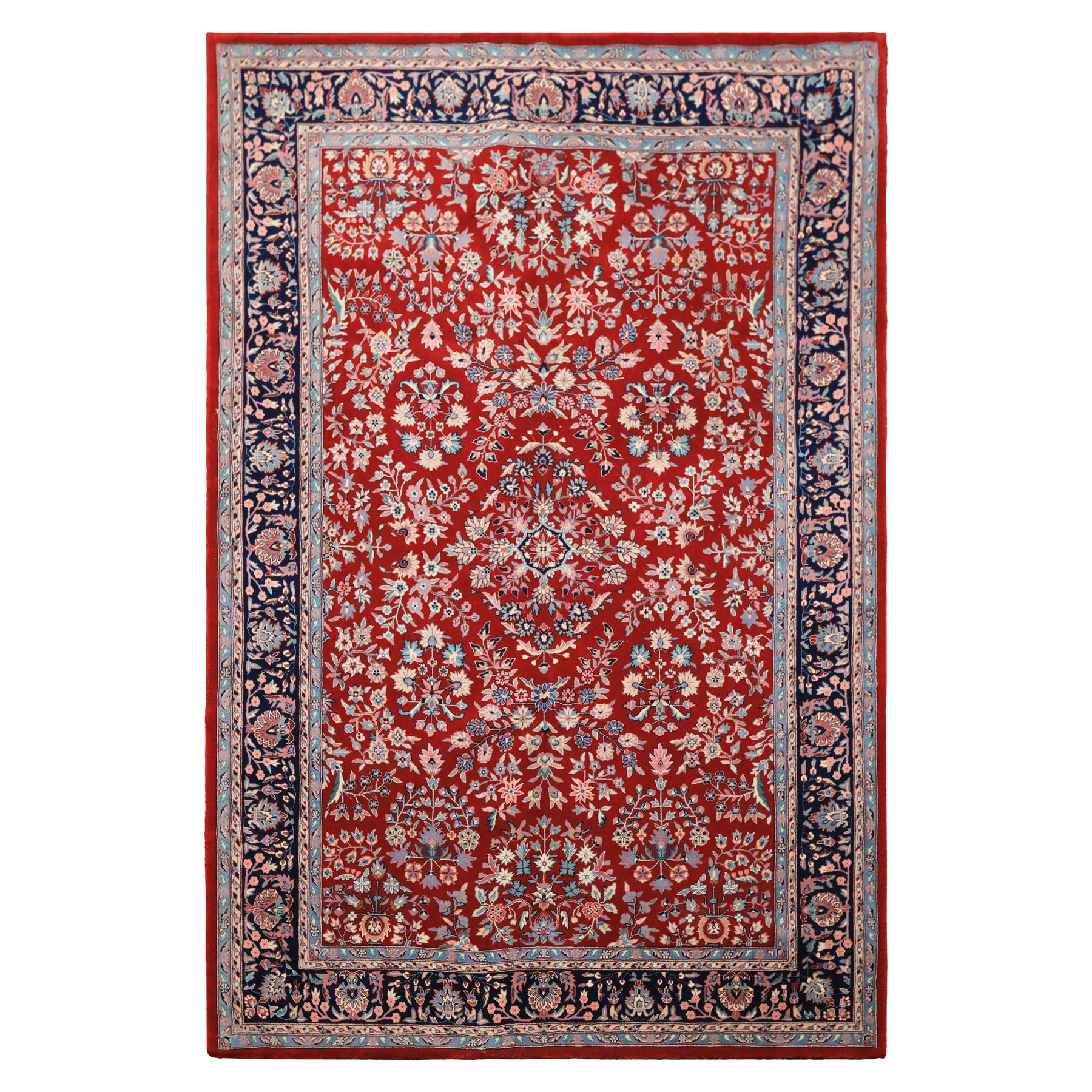 6x9 Red, Navy, Ivory Color Hand Knotted Indo Kashan New Zealand Wool Traditional Oriental Rug