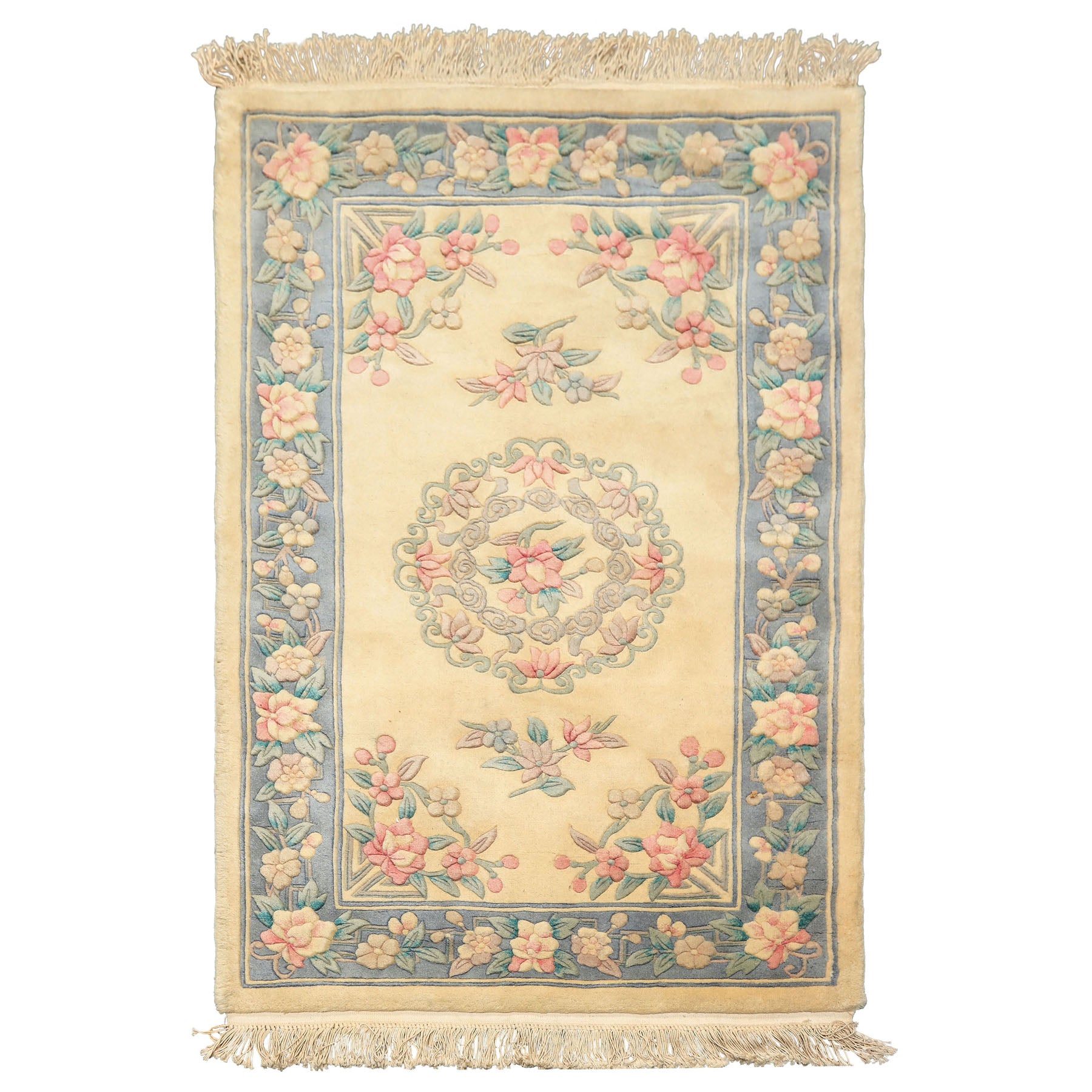 3x5 Ivory, Aqua, Blue Color Hand Knotted French Aubusson Savonerrie Wool Traditional Oriental Rug