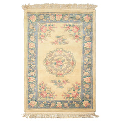3x5 Ivory, Aqua, Blue Color Hand Knotted French Aubusson Savonerrie Wool Traditional Oriental Rug