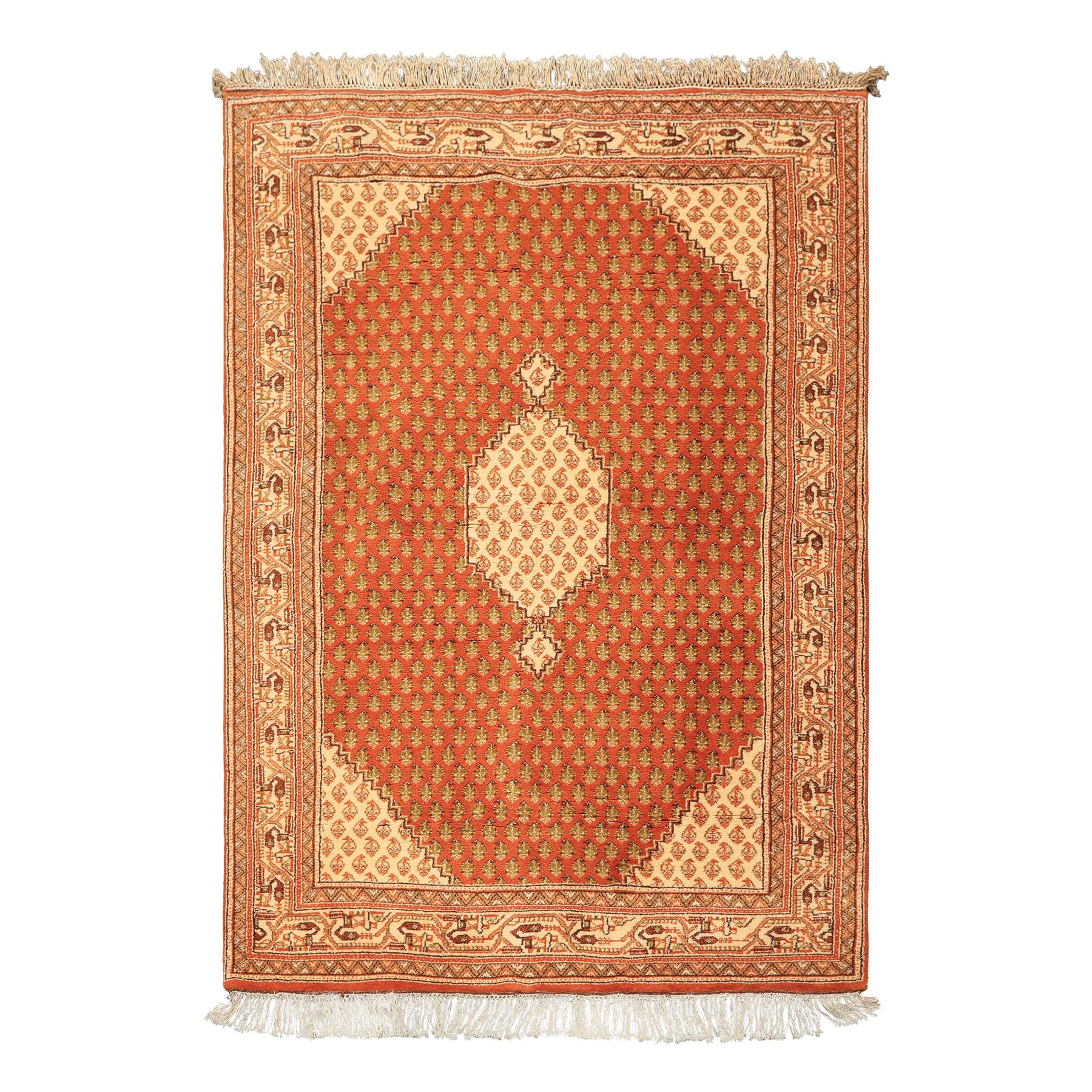4x6 Burnt Orange, Ivory, Lime Color Hand Knotted Paisley Wool Traditional Oriental Rug