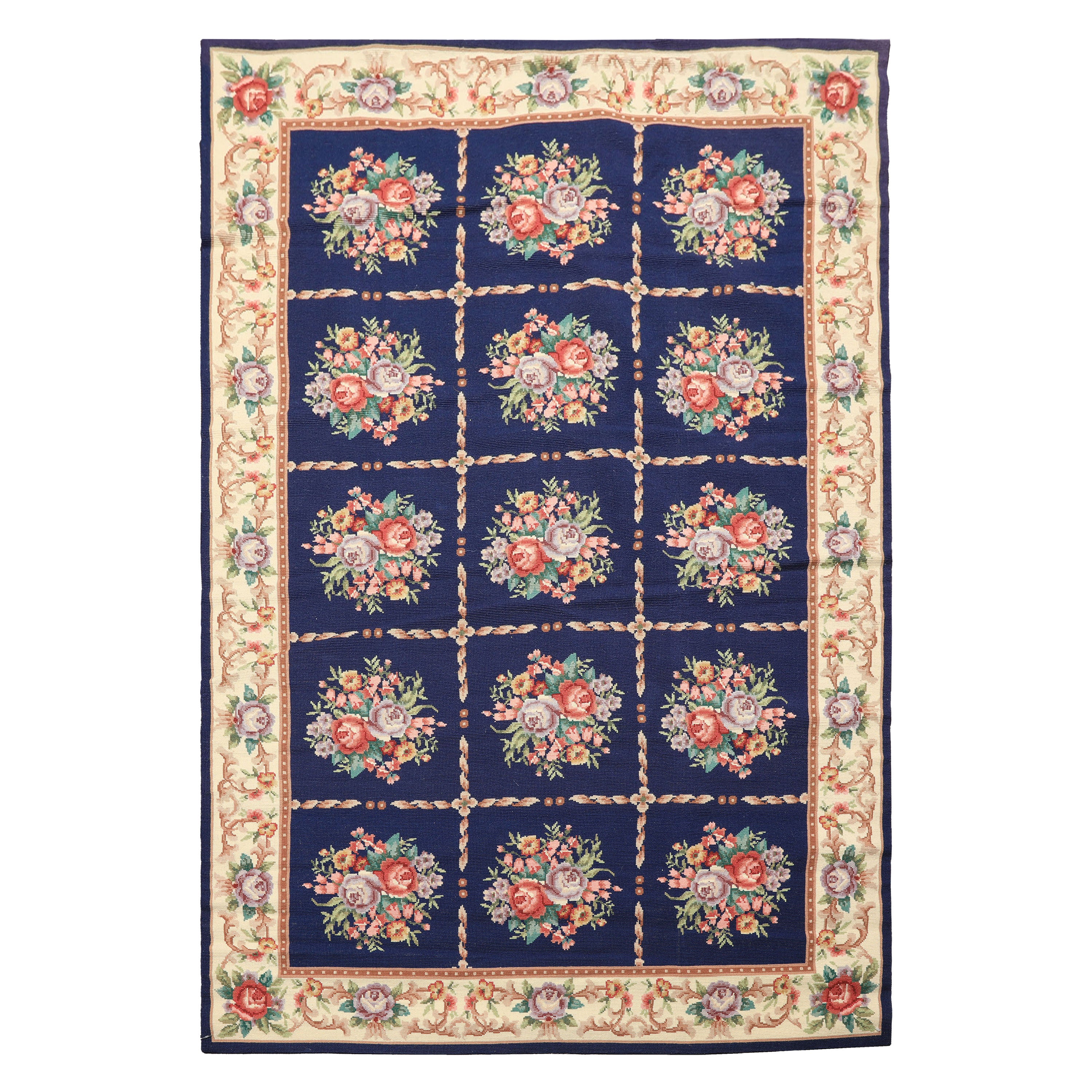 4x6 Navy, Ivory, Green Color Hand Knotted French Aubusson Needlepoint Wool Traditional Oriental Rug