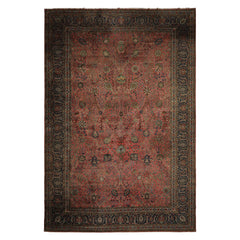 Oversize Antique Rose, Navy, Brown Color Hand Knotted Sarouk Wool Traditional Oriental Rug