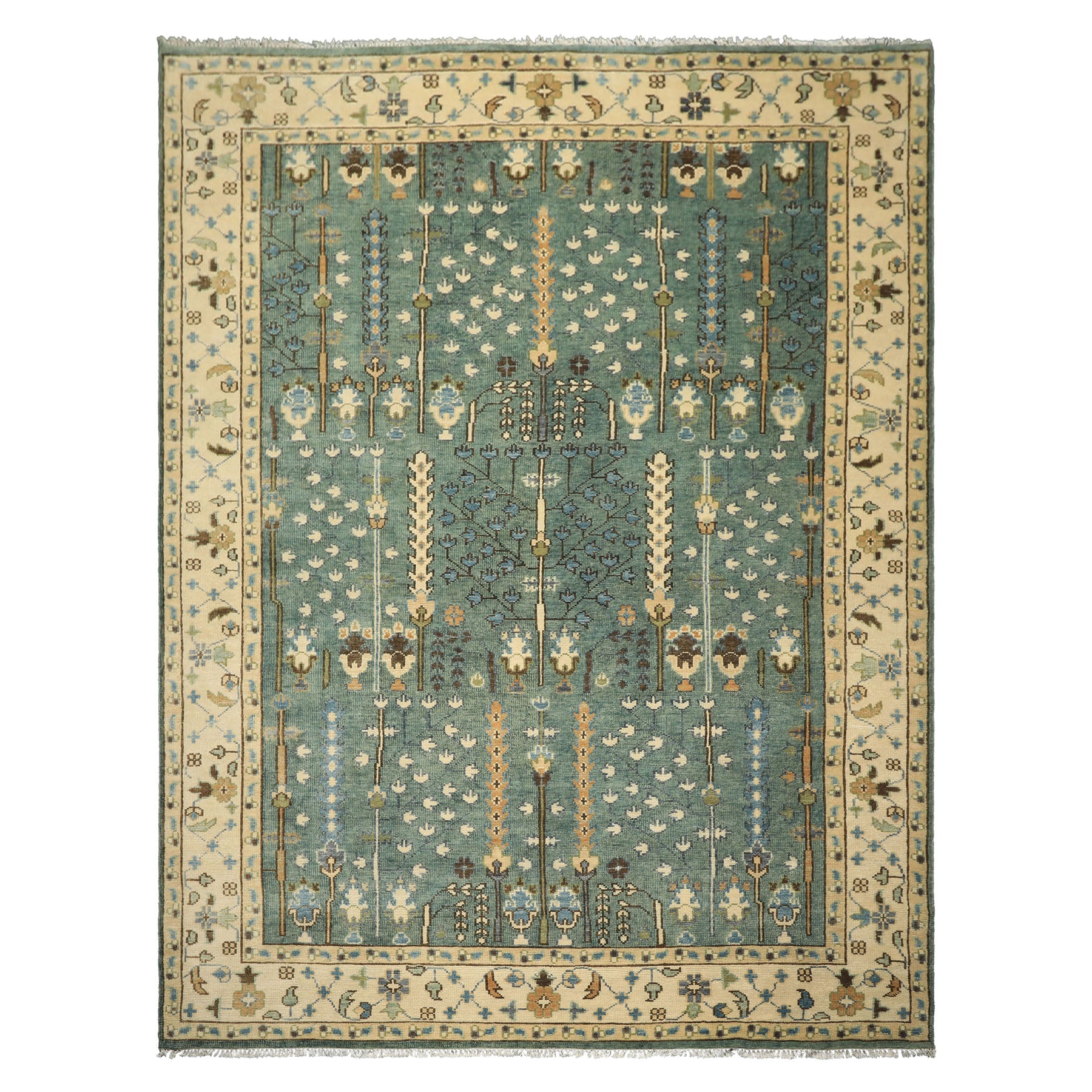 10x14 Celadon, Ivory, Brown Color Hand Knotted Oushak Wool Traditional Oriental Rug