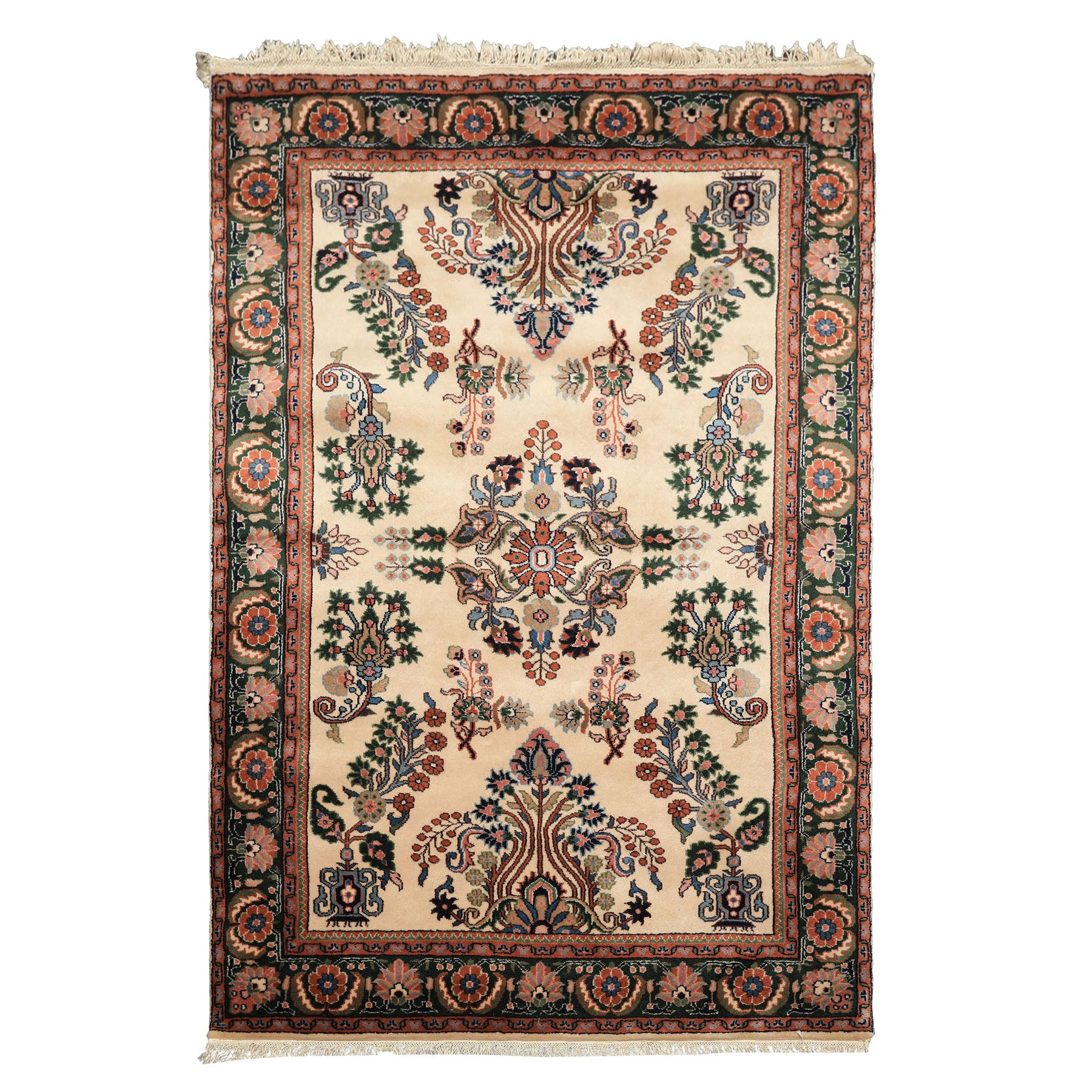 4x6 Ivory, Green, Rose Color Hand Knotted Indo Sarouk New Zealand Wool Traditional Oriental Rug