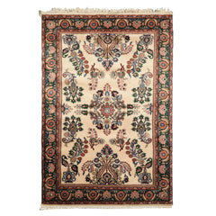 4x6 Ivory, Green, Rose Color Hand Knotted Indo Sarouk New Zealand Wool Traditional Oriental Rug