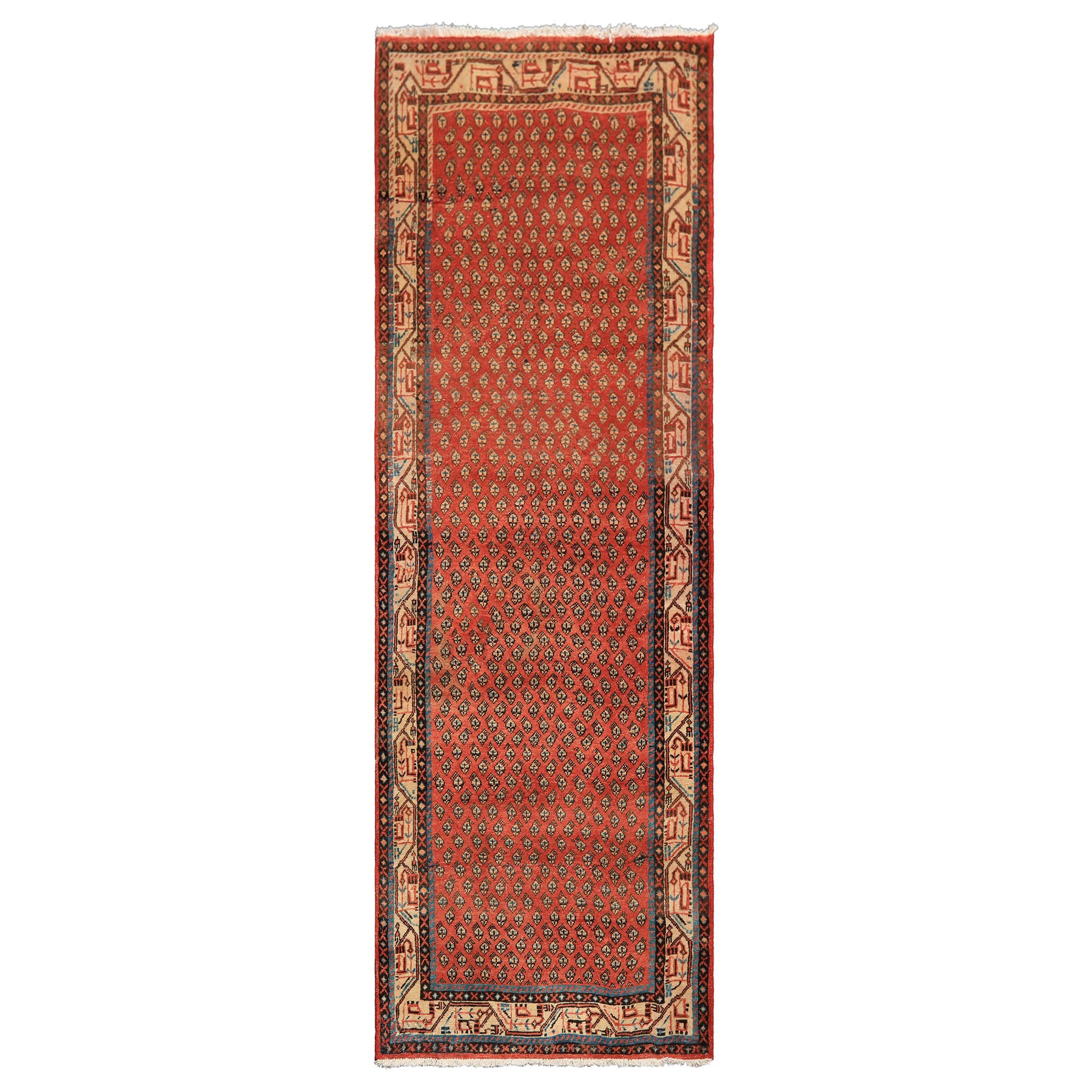 Runner Rust, Ivory, Blue Color Hand Knotted Vintage Gul Wool Traditional Oriental Rug