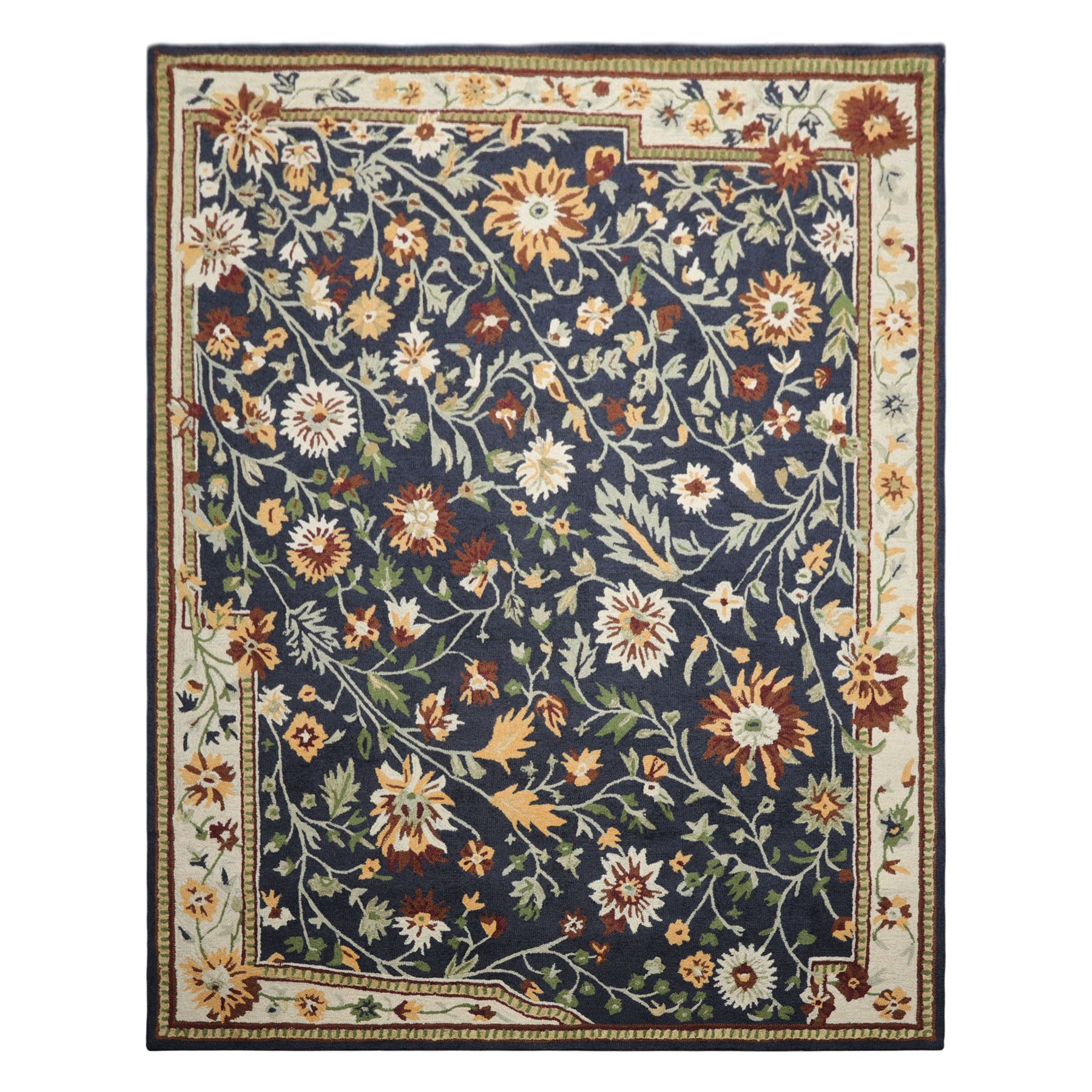 8x10 Navy, Ivory, Sage Color Hand Hooked  Wool Traditional Oriental Rug