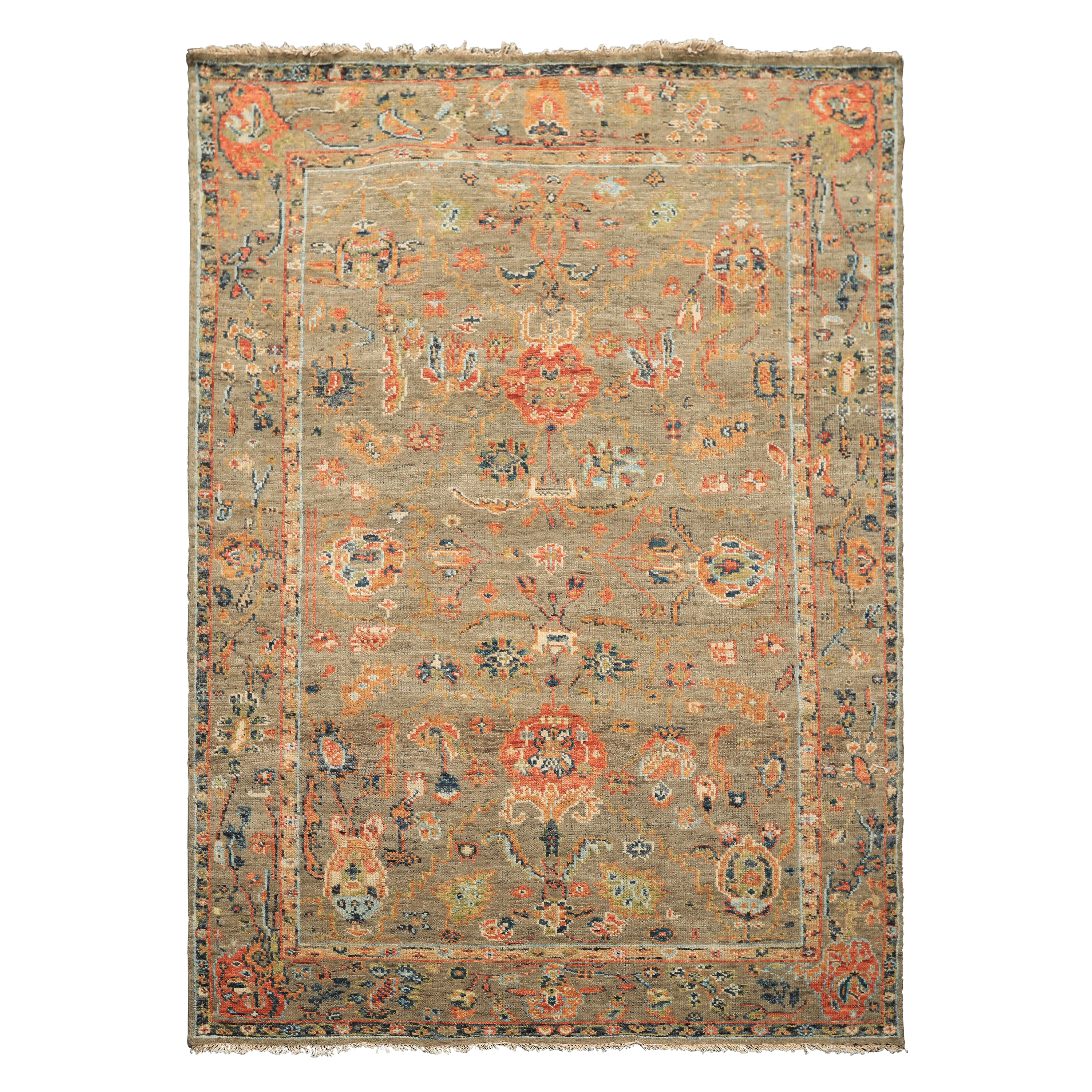 6x8'3 Moss, Burnt Orange, Gold Color Hand Knotted Oushak Wool Arts & Crafts Oriental Rug