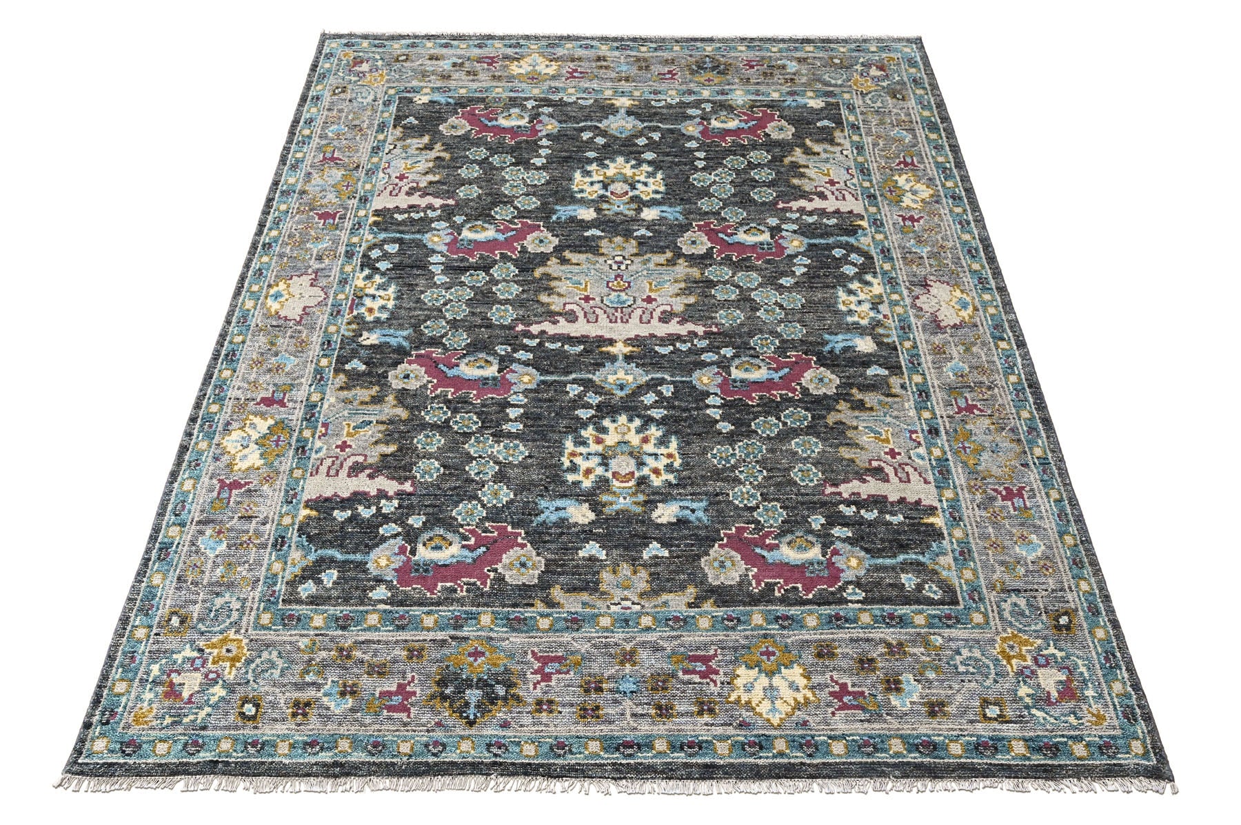 Gray, Aqua 7'9''x9'10'' Oushak Arts and Crafts Hand Knotted Wool Oriental Area Rug