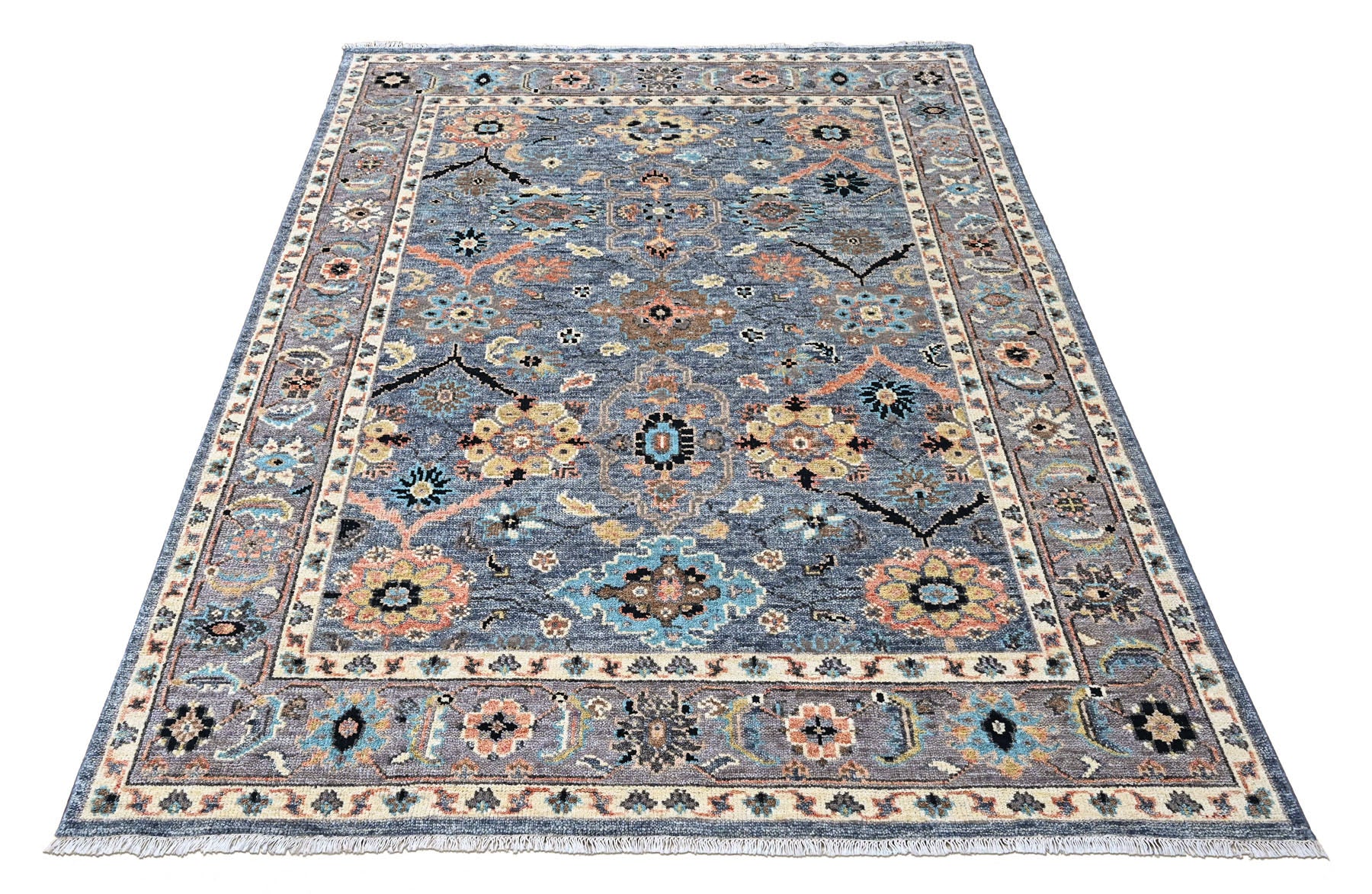 Blue, Gray 7'9''x10 Oushak Arts and Crafts Hand Knotted Wool Oriental Area Rug