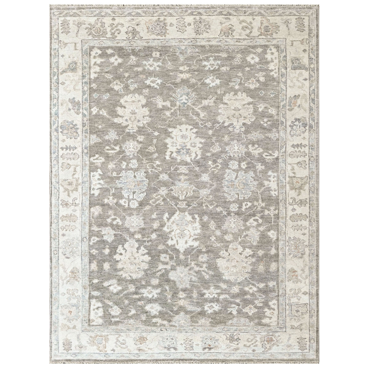 Gray, Ivory Multi Size Oushak Transitional Hand Knotted Wool Oriental Area Rug