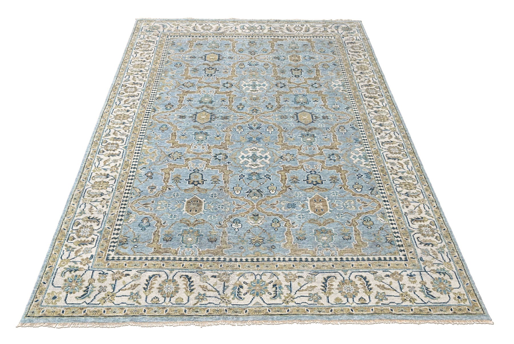 Aqua, Ivory 8'11''x11'11'' Oushak Transitional Hand Knotted Wool Oriental Area Rug
