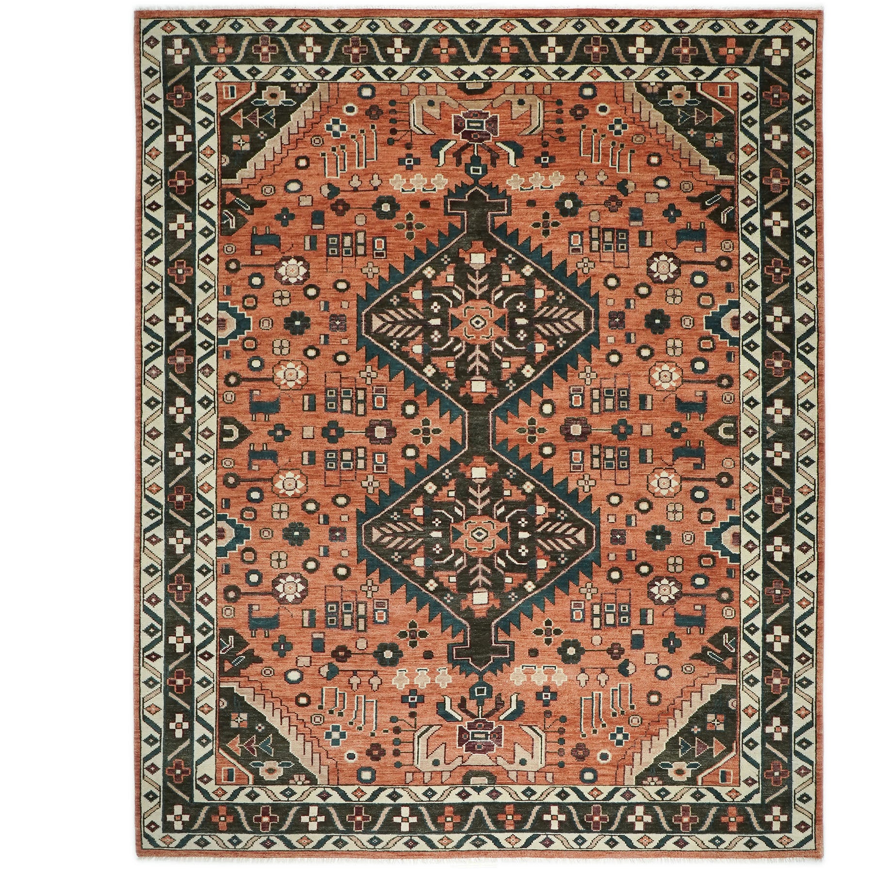 12x15 Burnt Orange, Chocolate, Teal Color Hand Knotted Oushak Wool Traditional Oriental Rug